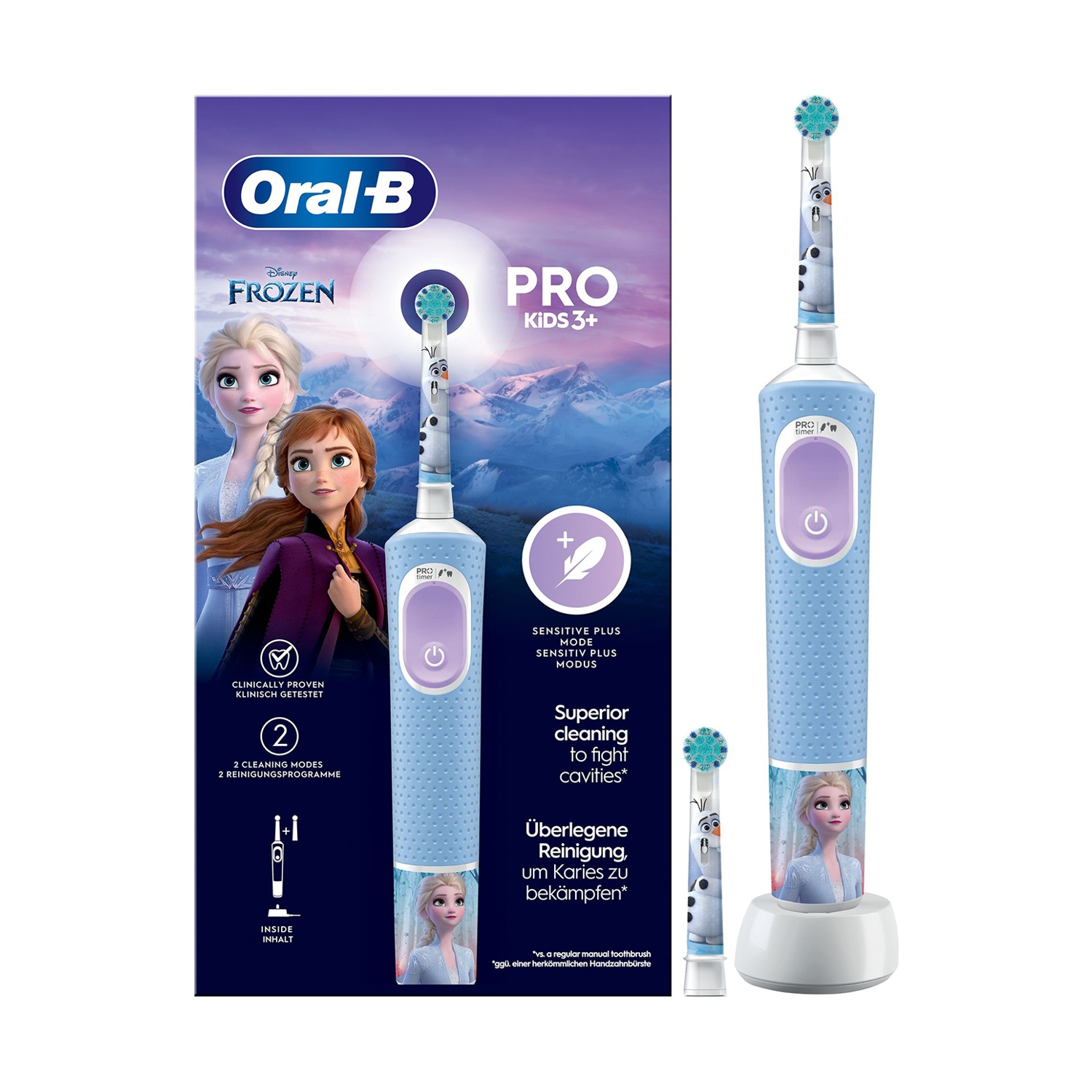 Eine Oral-B Pro Kids 3+ Zahnbürste mit Frozen-Figuren. Enthält eine Zahnbürste und eine Ladestation. Die Verpackung zeigt Elsa und Anna.