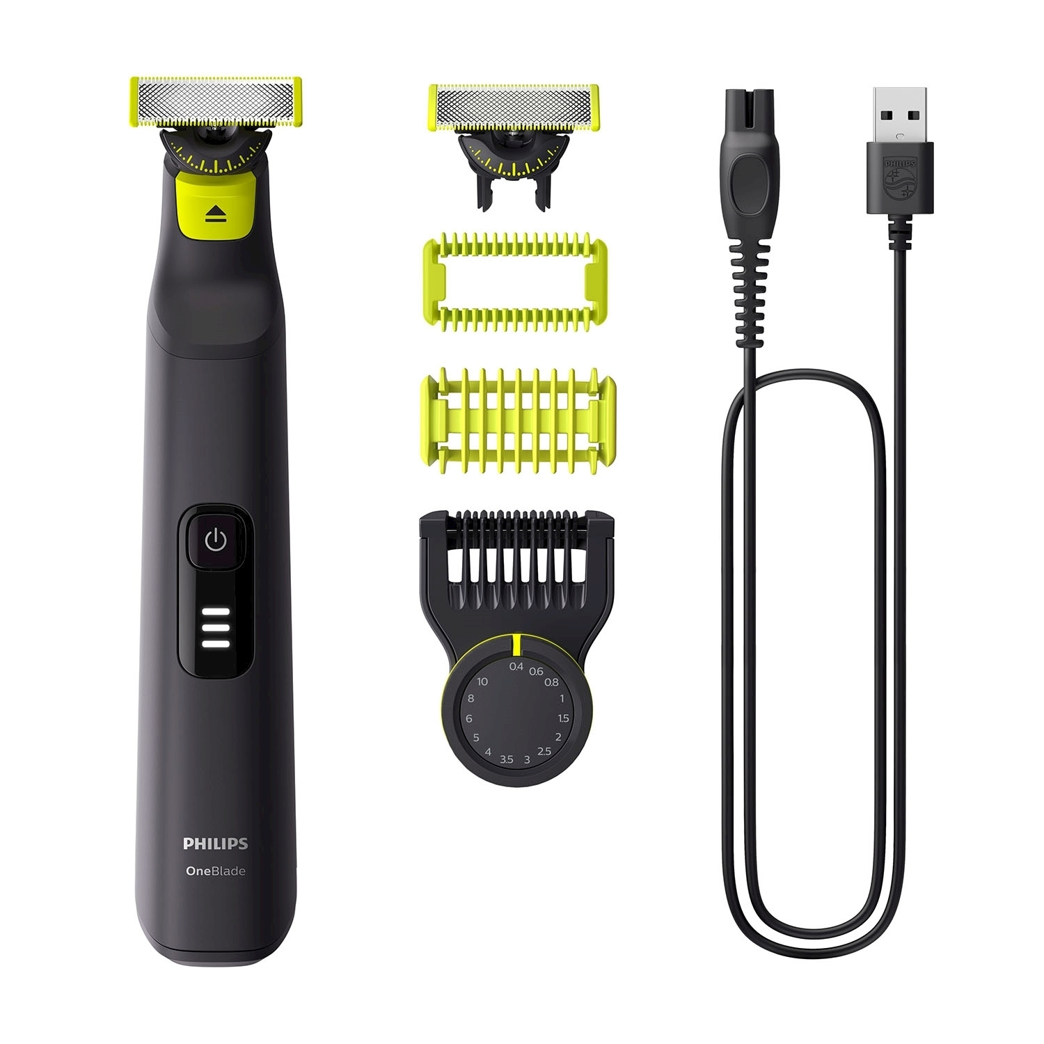 Ein Philips OneBlade Elektrorasierer und Zubehör, darunter Klingen, Aufsätze und ein USB-Ladekabel, vor weißem Hintergrund.