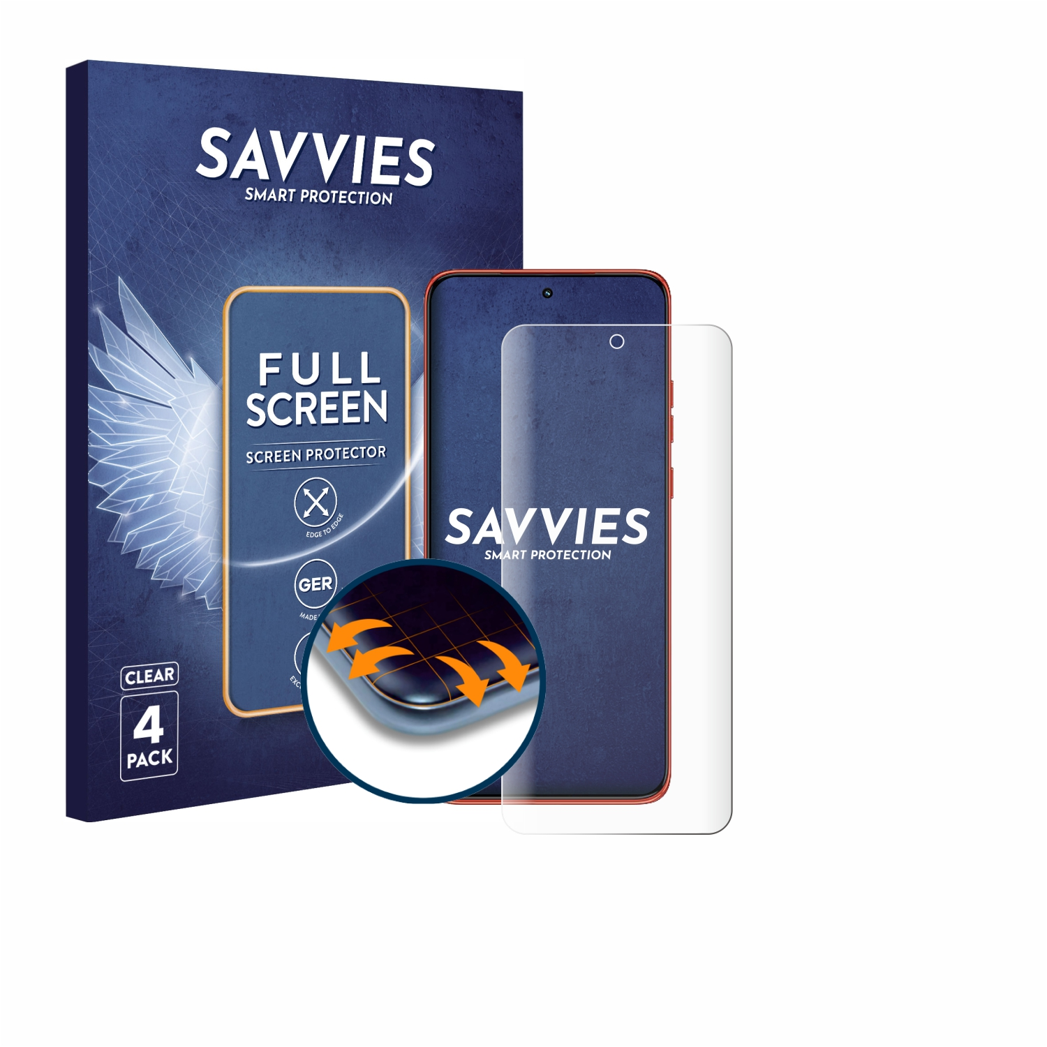 Eine Packung Displayschutzfolien. Die Box zeigt ein Telefon mit Displayschutzfolie. Text enthält 'Savvies', 'Full Screen', 'Clear' und '4er Pack'.