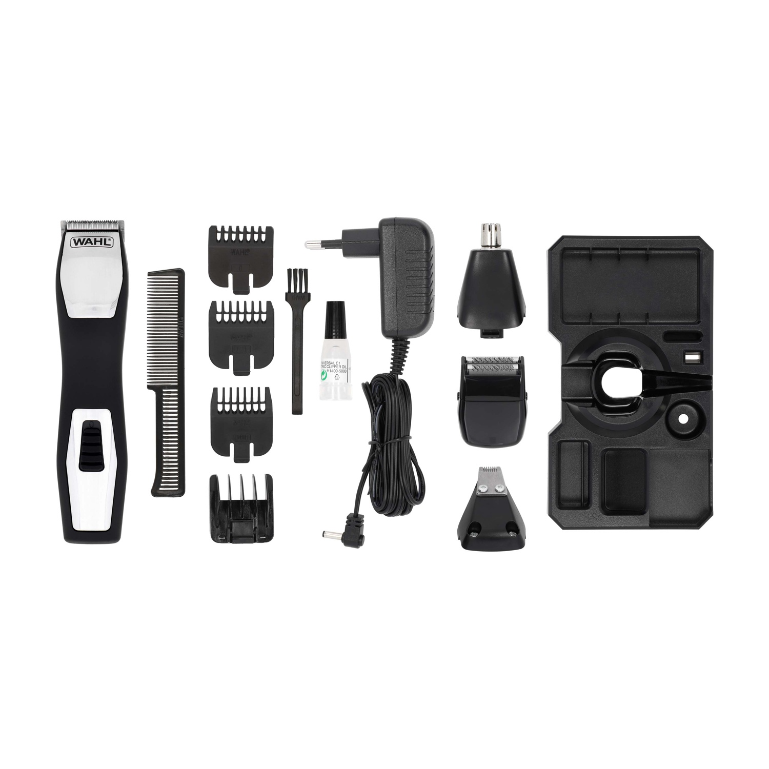 Zestaw czarnych elementów zestawu do pielęgnacji Wahl, w tym maszynka, grzebień, osłony, ładowarka i akcesoria, ułożone na białej powierzchni.