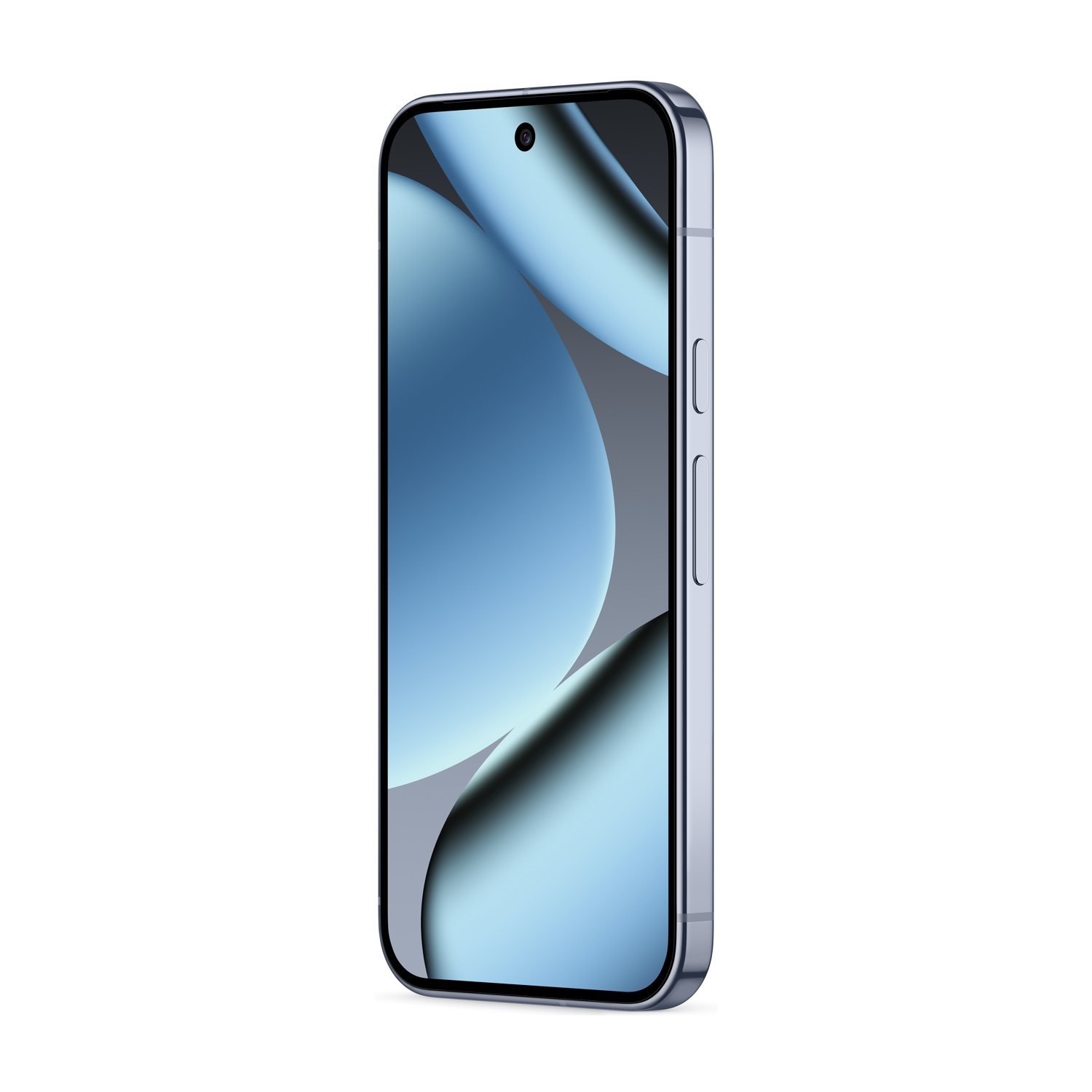 Smartfon z niebieskim ekranem wyświetla abstrakcyjne kształty. Telefon ma srebrną ramkę i znajduje się na białym tle.