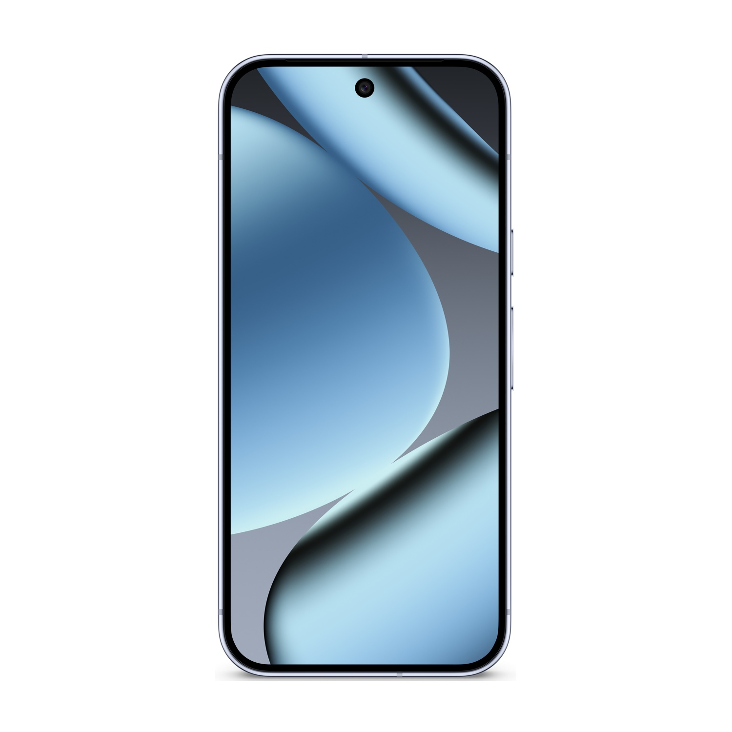 Smartfon z niebiesko-szarym gradientem tapety. Telefon jest srebrny z aparatem z przodu.