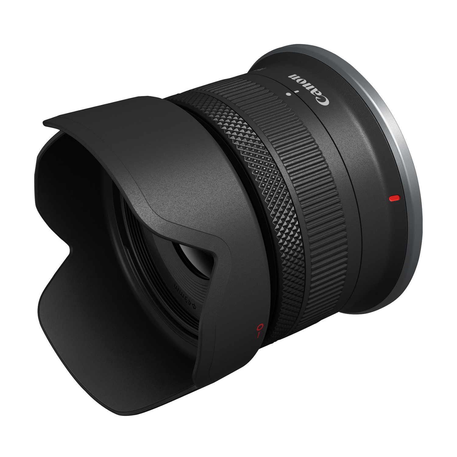 Ein schwarzes Canon-Kameraobjektiv mit Gegenlichtblende. Es hat geriffelte Abschnitte und einen roten Punkt. Das Canon-Logo ist sichtbar.