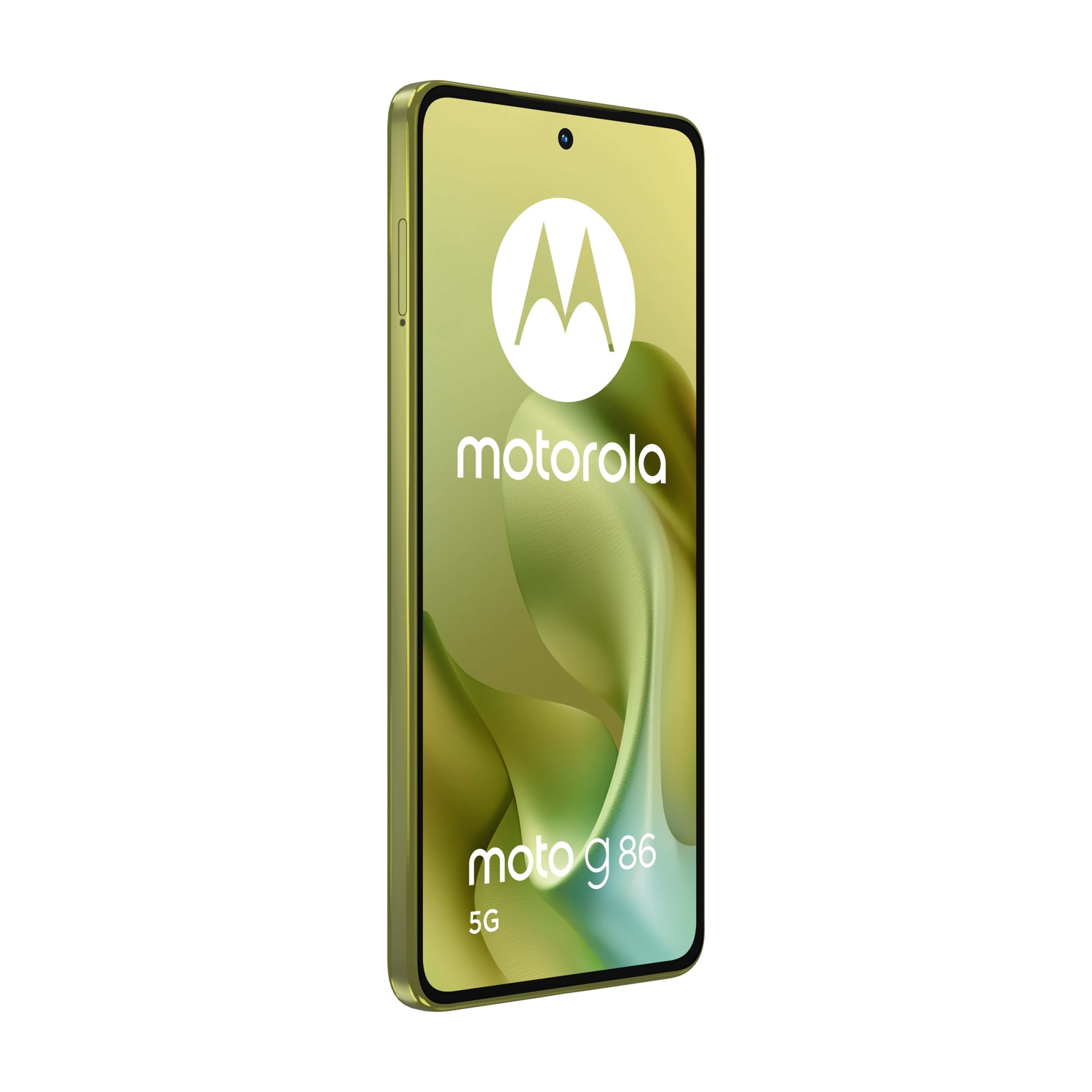 Wyświetlany jest smartfon Motorola Moto G86 5G. Ekran pokazuje logo Motorola i nazwę telefonu. Telefon jest oliwkowozielony.