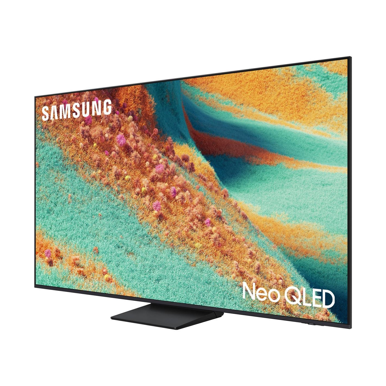 Un televisore Samsung Neo QLED mostra un paesaggio astratto di tonalità arancioni e verdi. Il televisore è nero con un supporto nero.