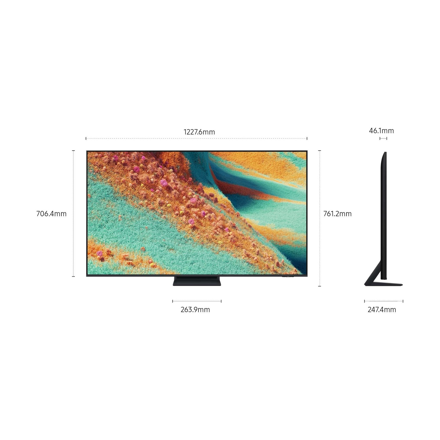 Un televisore è mostrato frontalmente e lateralmente, con dimensioni. Lo schermo mostra un design astratto arancione e verde acqua.