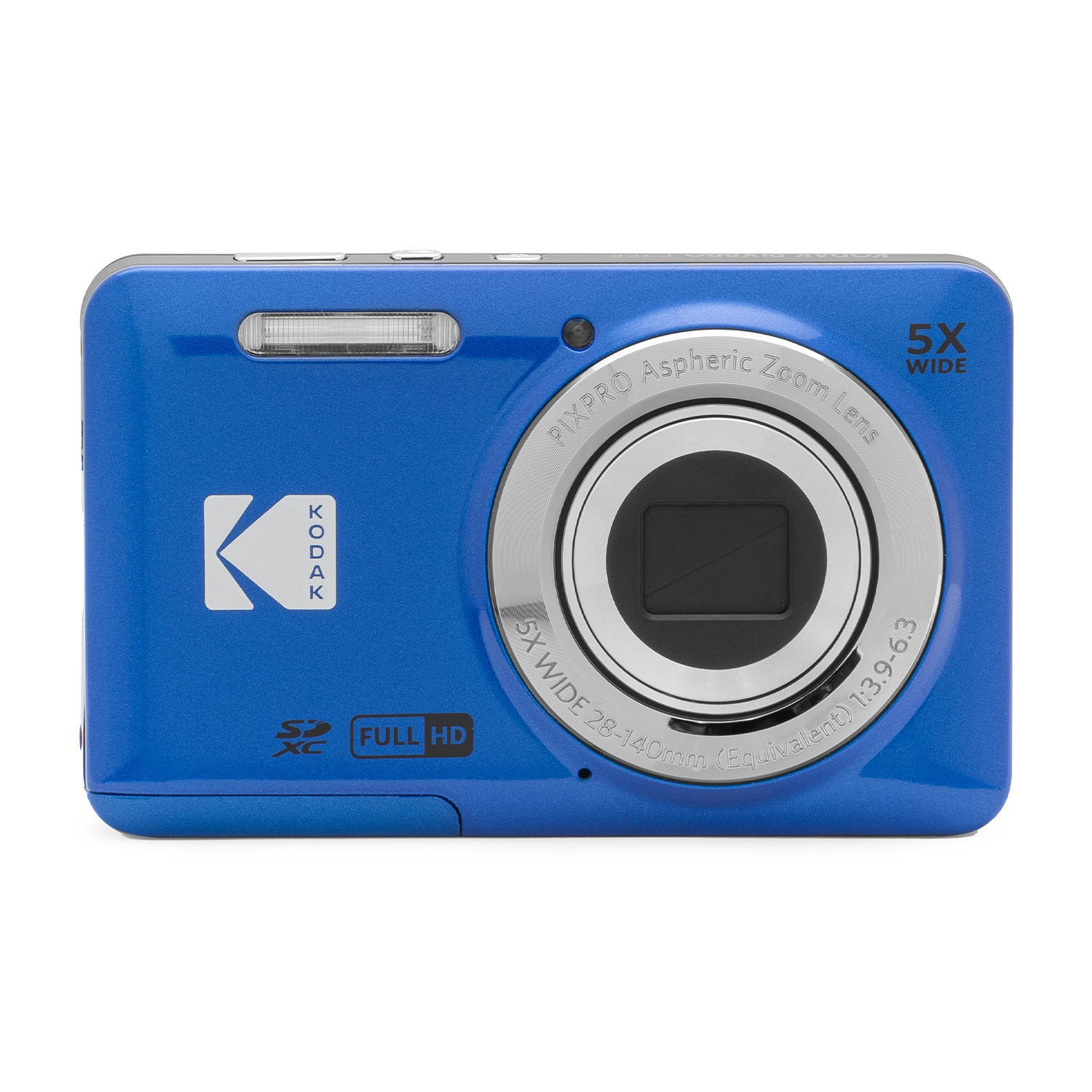 Un appareil photo numérique Kodak Pixpro bleu. Il comporte un objectif, un flash et des boutons. L'appareil est sur fond blanc.