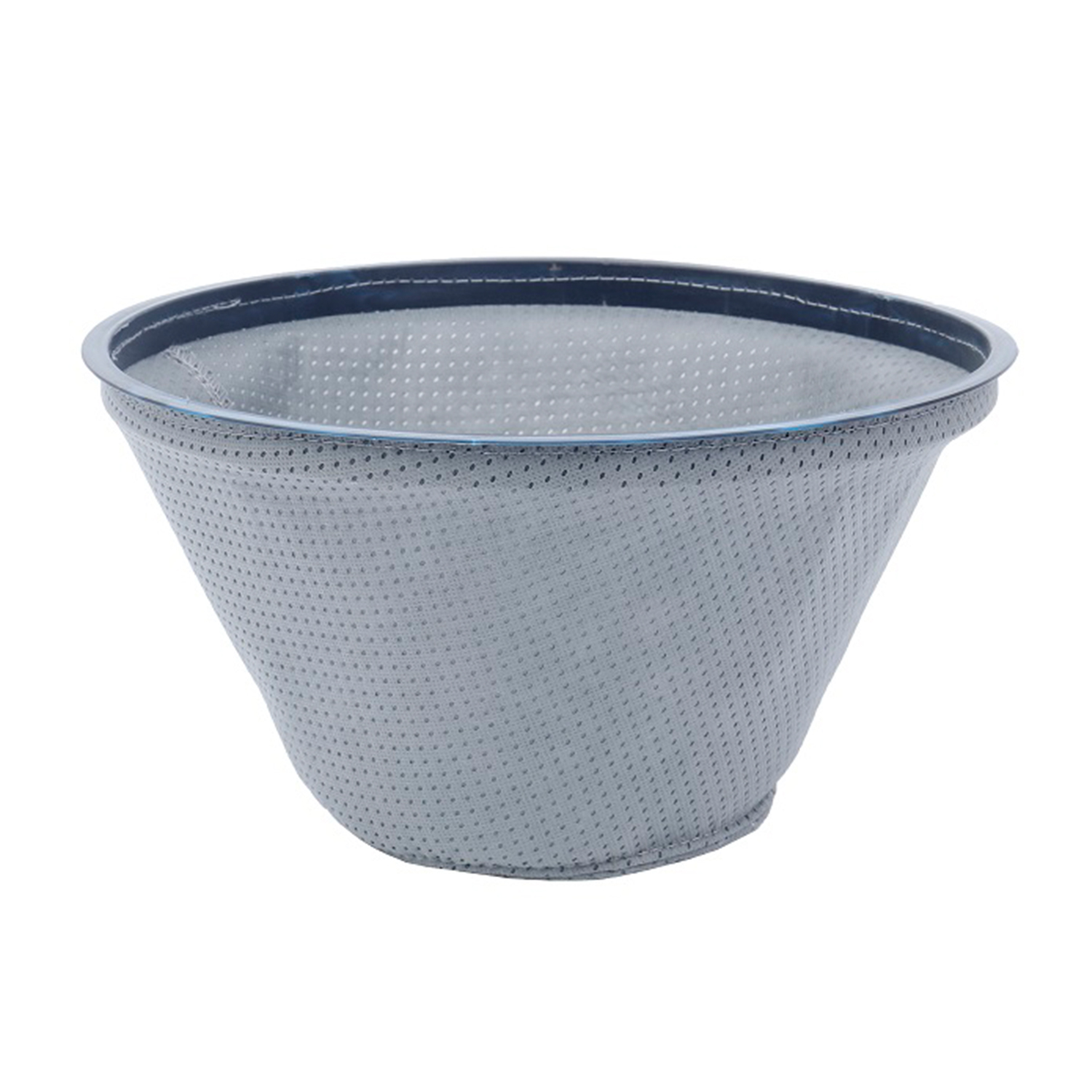 Szary filtr w kształcie stożka z niebieską obręczą. Ma małe otwory. Tło jest białe.