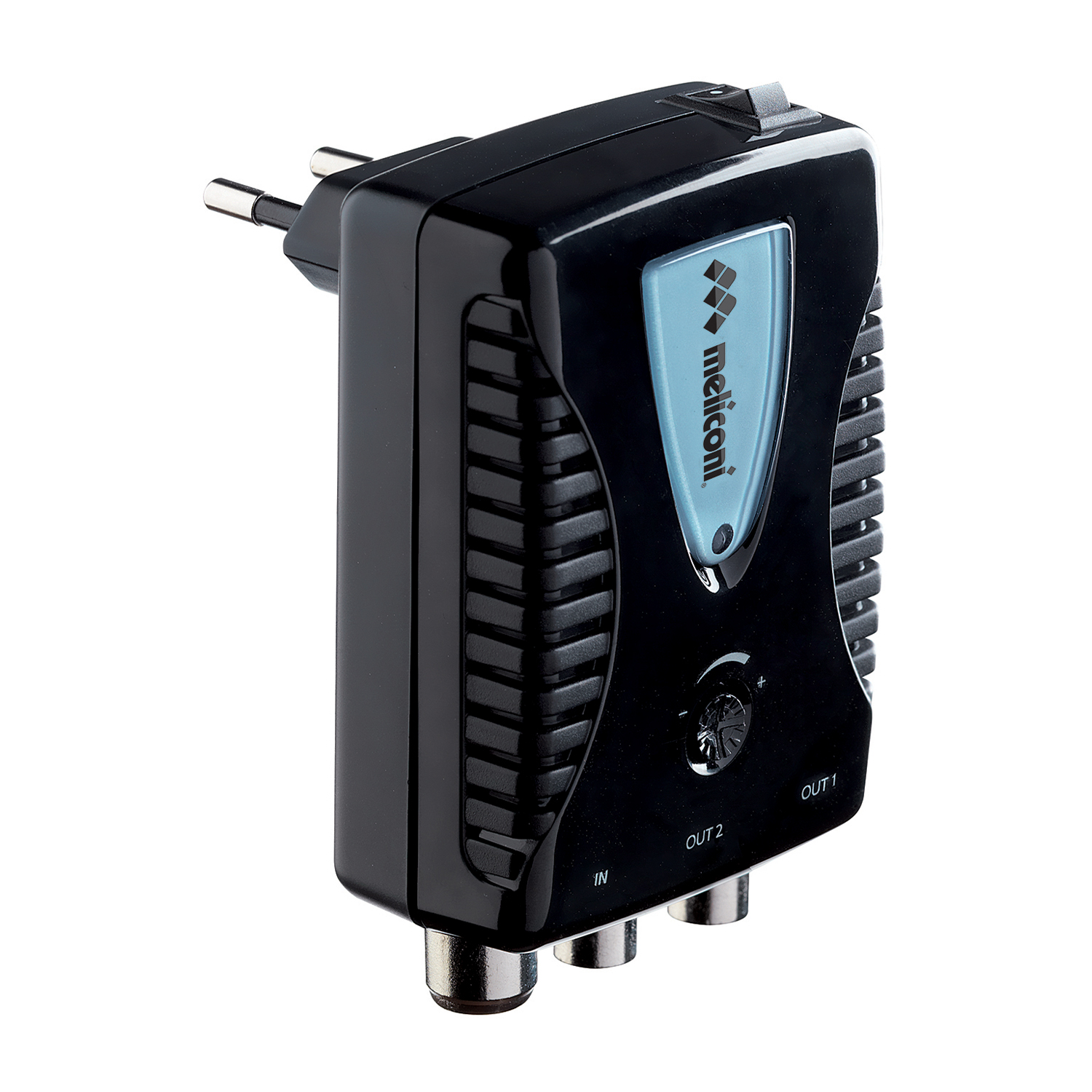 Dispositivo electrónico negro con enchufe. Tiene un interruptor, un dial y puertos de entrada/salida. La marca es visible.