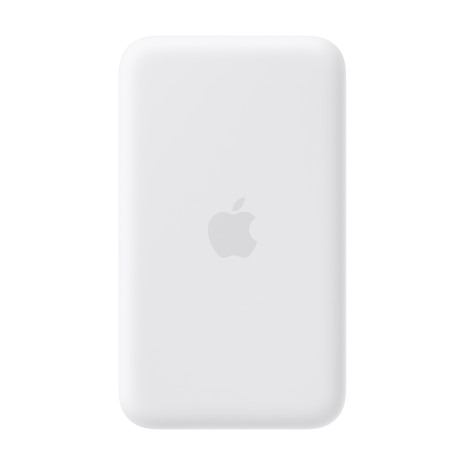 Białe prostokątne urządzenie z zaokrąglonymi rogami. Szare logo Apple pośrodku. Tło jest białe.