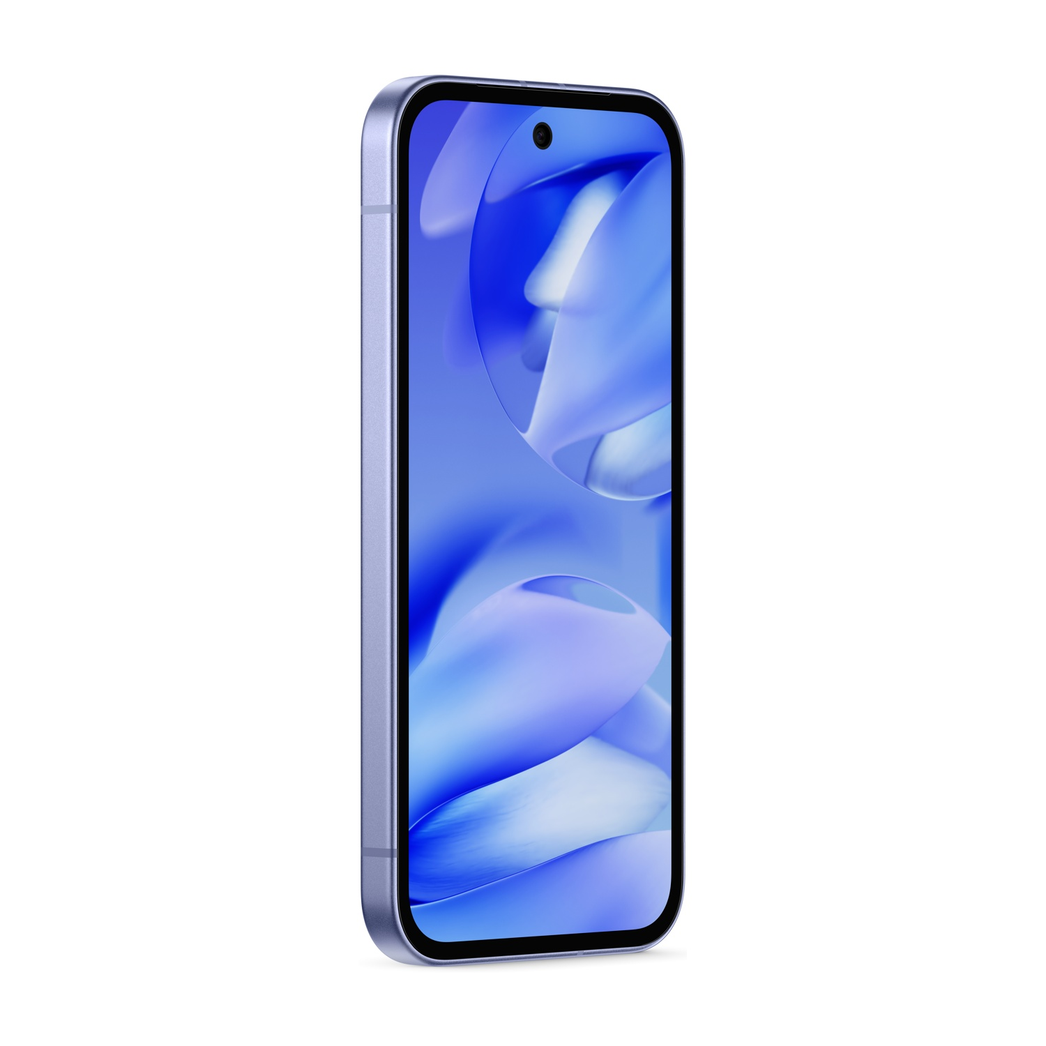 Smartfon, jasnofioletowa ramka, z niebieską abstrakcyjną tapetą. Telefon jest lekko przechylony w prawo, na białym tle.