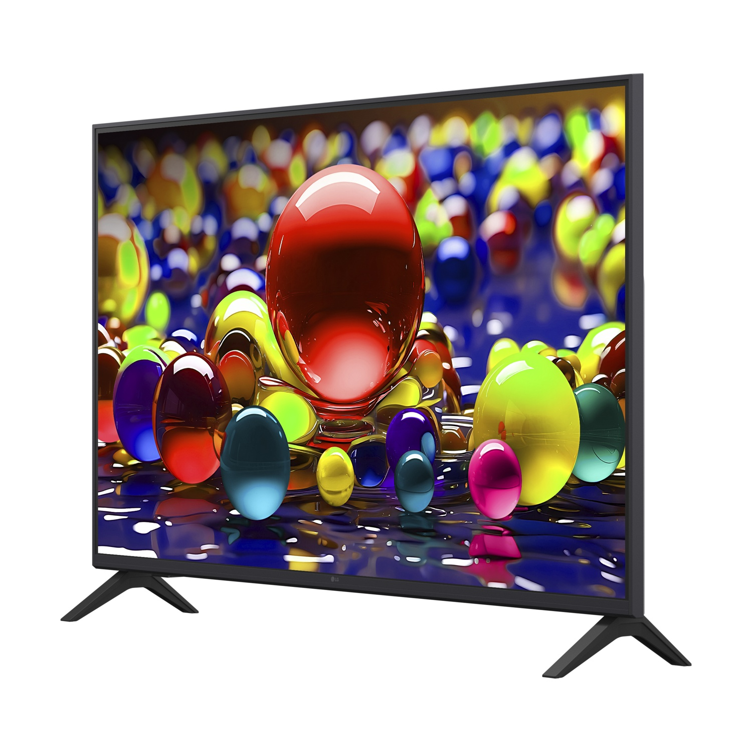 Un televisore mostra globi colorati sullo schermo. Il televisore è nero, su sfondo bianco. Le gambe nere sostengono il televisore.