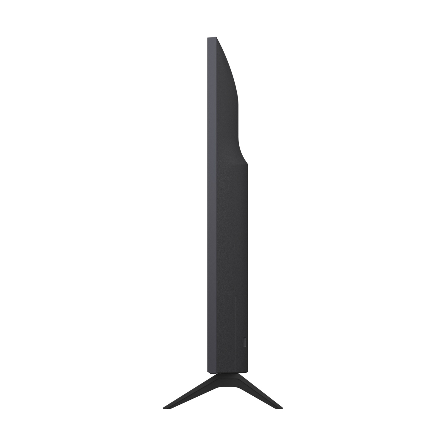 Vista laterale di un televisore a schermo piatto nero su sfondo bianco. La TV è in posizione verticale e ha un supporto.