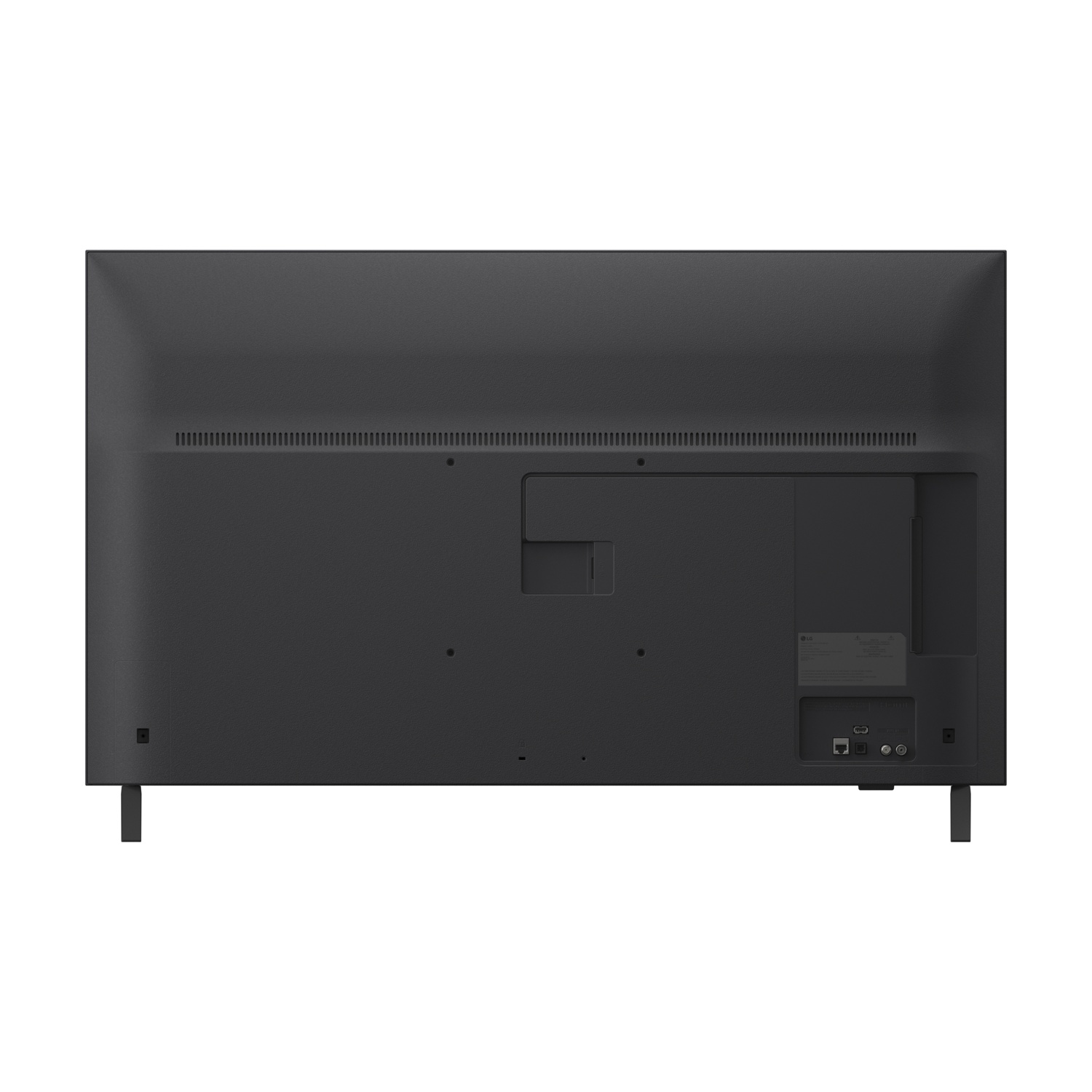 La parte posteriore di una TV a schermo piatto nera è mostrata. Ha porte, ventilazione e un supporto.