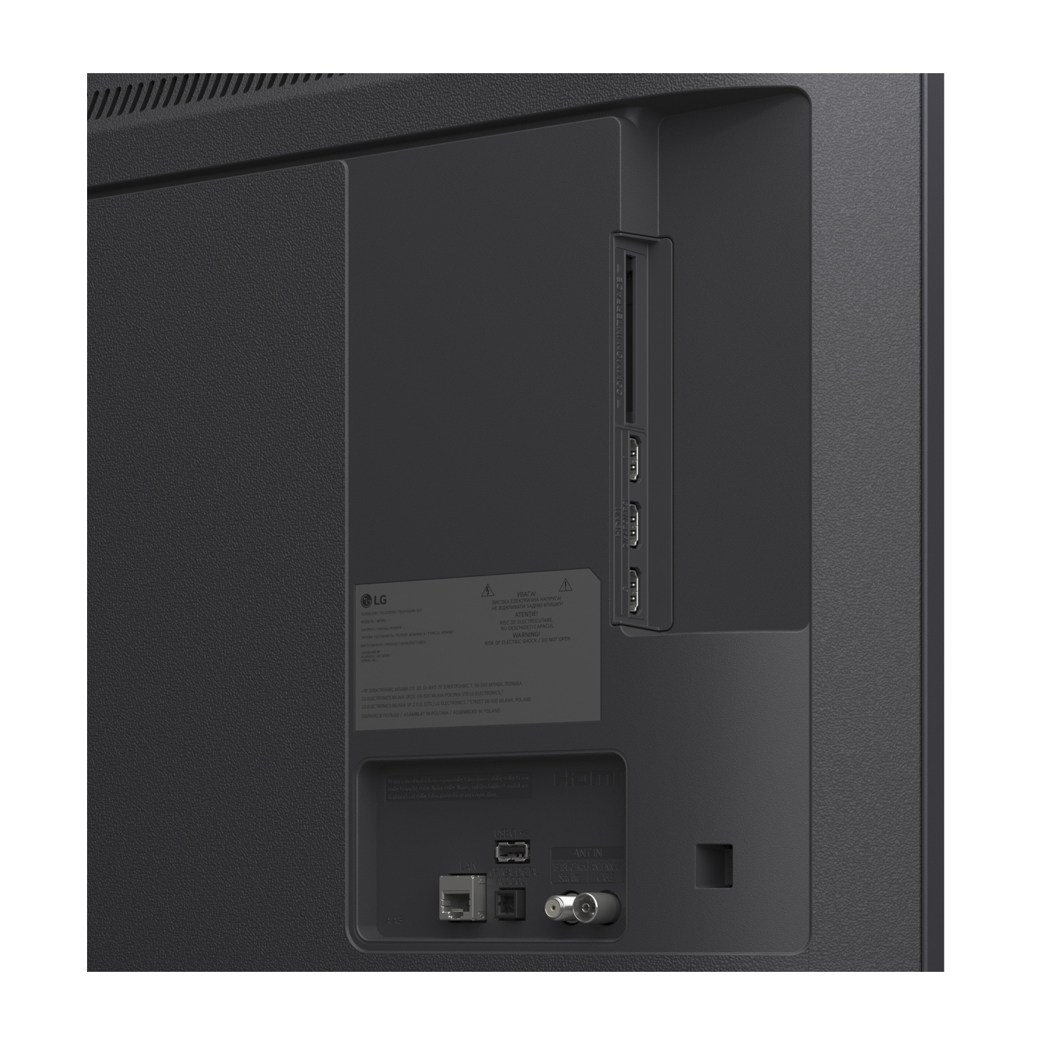 Primo piano del retro di una TV LG nera. Porte, etichette e avvertenze visibili. Sono presenti porte HDMI e vari ingressi.