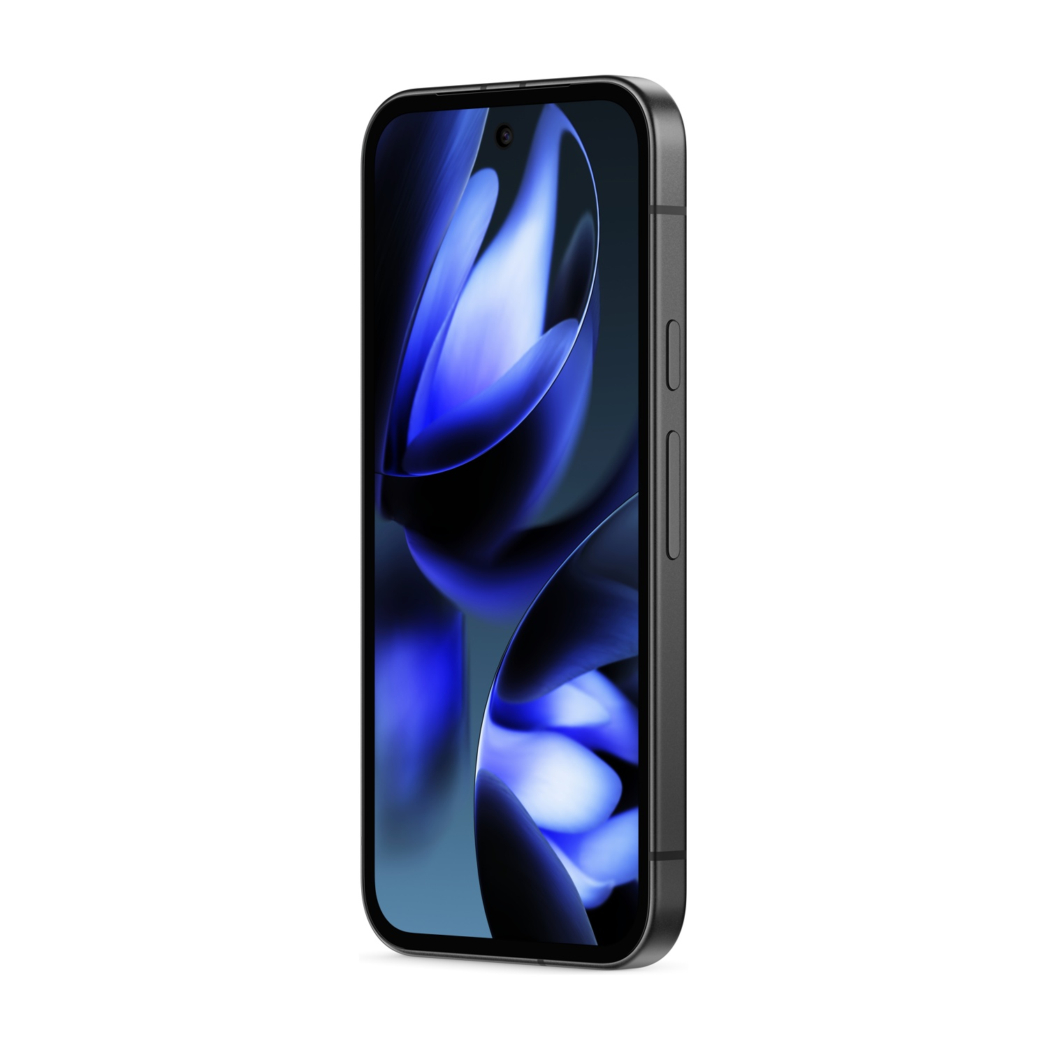 Czarny smartfon z niebieską tapetą w kwiaty. Jest pochylony w prawo, pokazując ekran i boczne przyciski.