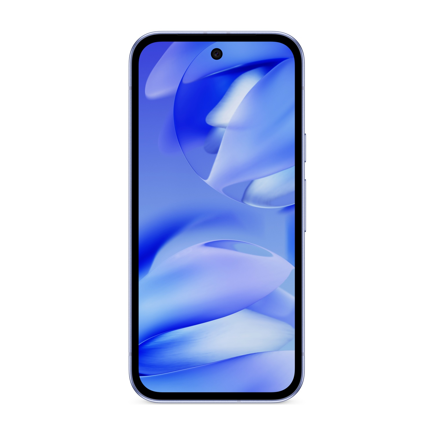 Smartfon z niebieską ramką. Ekran wyświetla niebieskie abstrakcyjne kształty. Widoczny przedni aparat. Wyizolowany na białym tle.