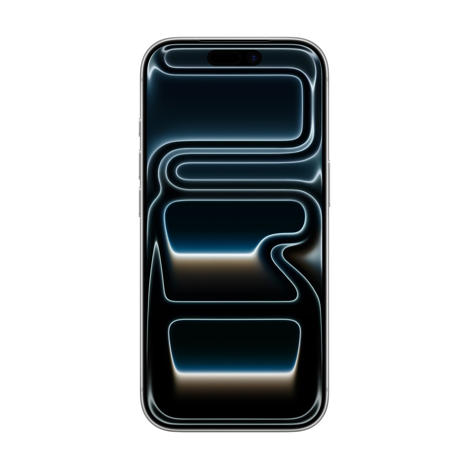 Smartfon z ciemnym, abstrakcyjnym wzorem na ekranie. Telefon jest srebrny, a ekran ma płynny, neonowy wzór.