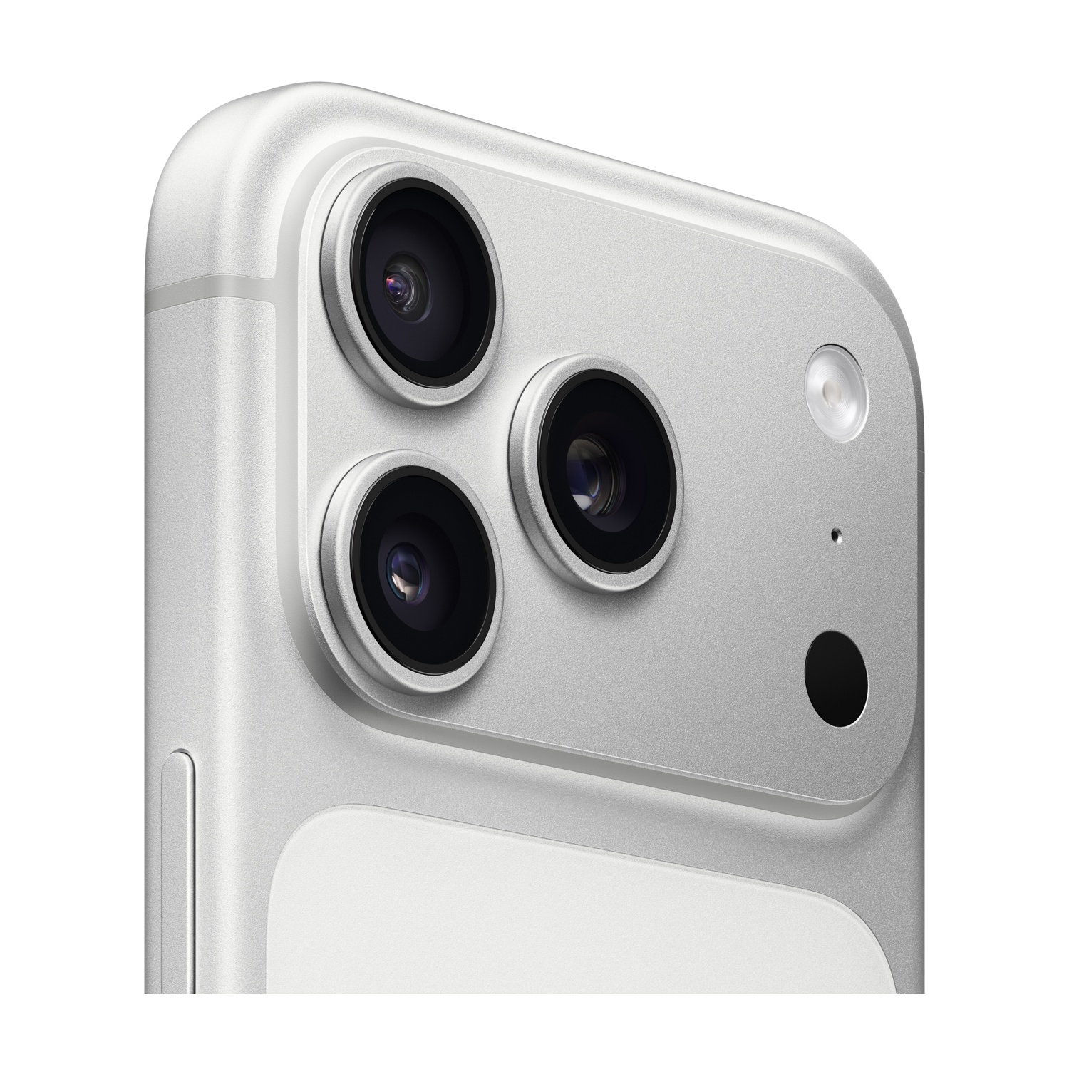 Zbliżenie srebrnego smartfona z trzema obiektywami aparatu, lampą błyskową i czarną kropką z tyłu.