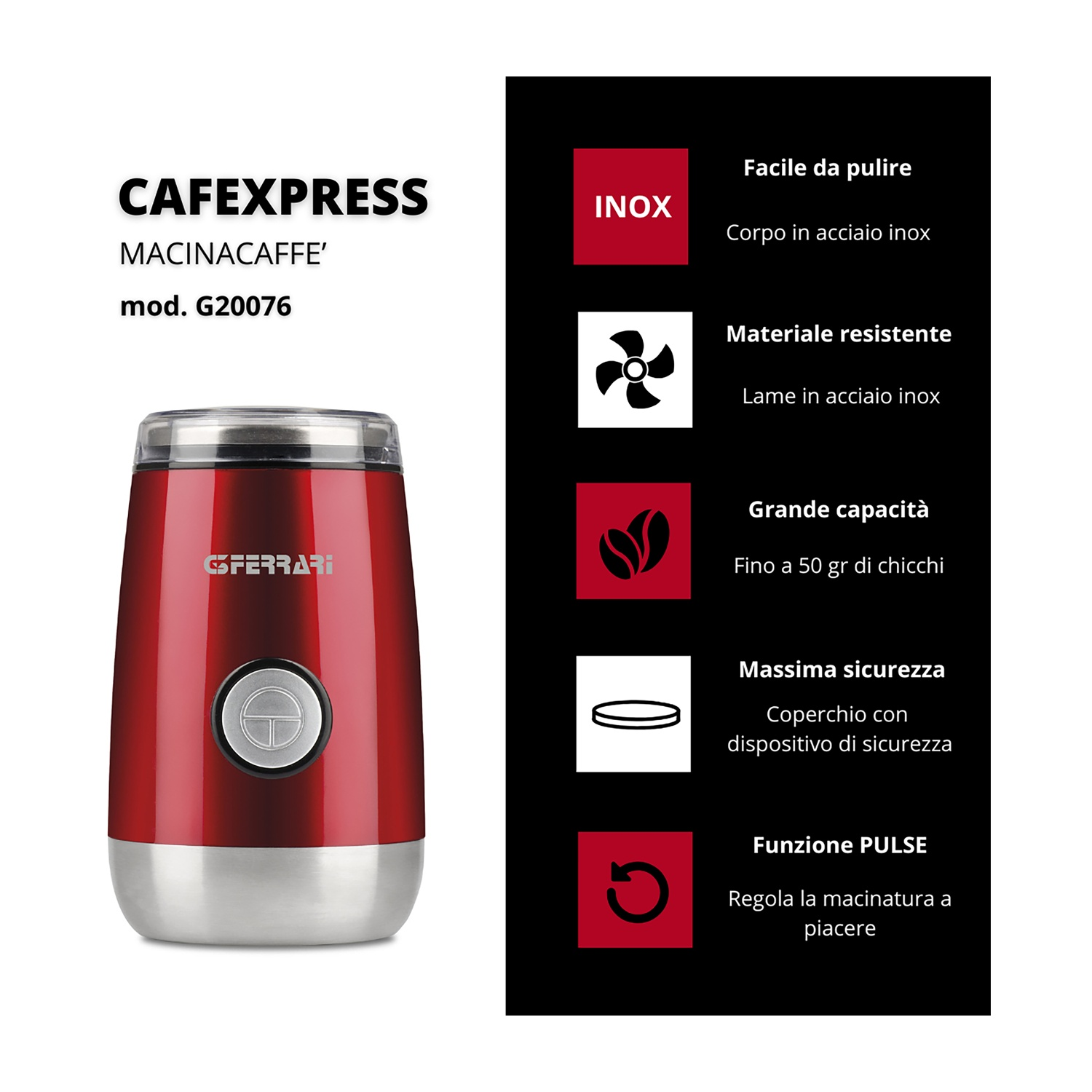Un macinacaffè Cafexpress rosso e argento con informazioni sul prodotto su sfondo nero.