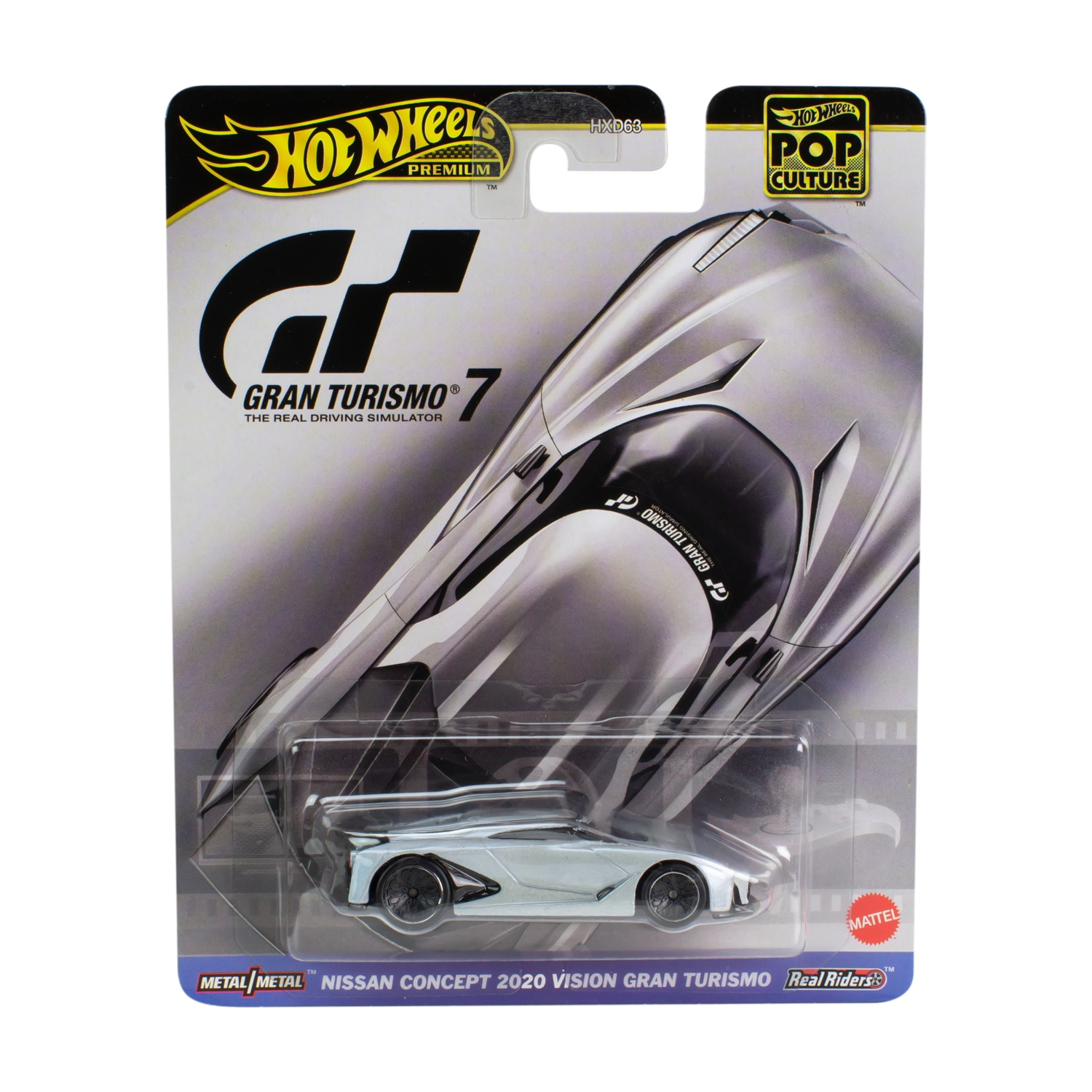 Pakiet samochodów Hot Wheels. Srebrny model samochodu na czarno-białym tle. Zawiera Gran Turismo 7 i Nissan Concept 2020.