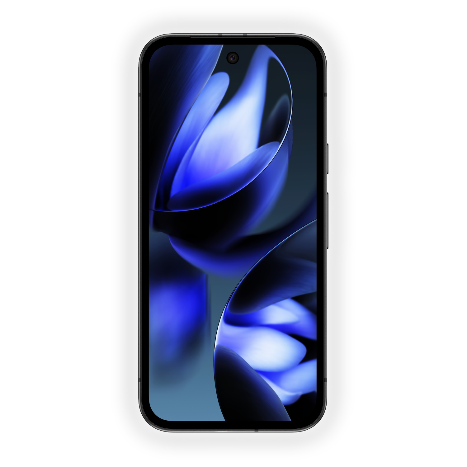 Smartfon wyświetla niebieski kwiatowy wzór. Telefon ma ciemną ramkę z białym obrysem na czarnym tle.