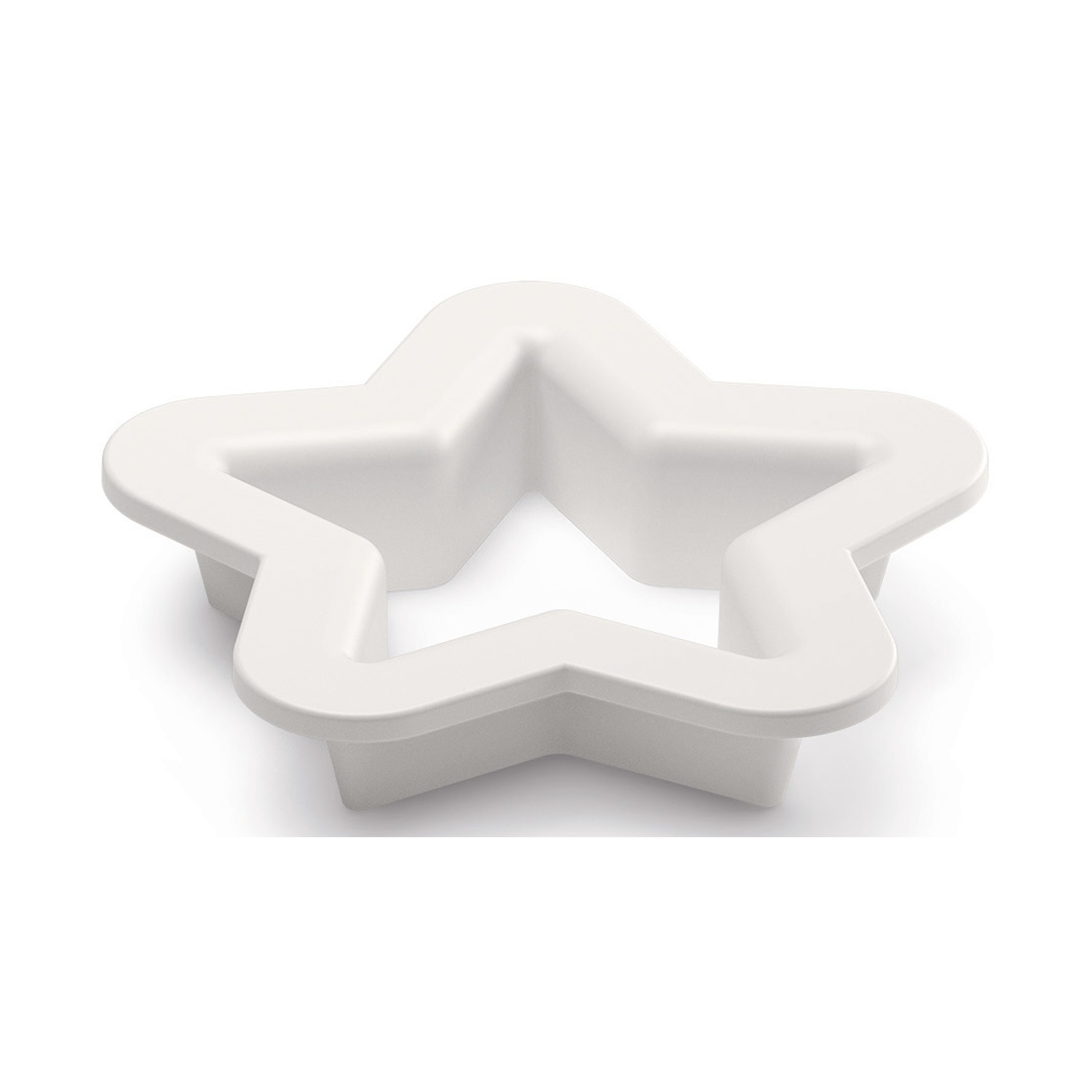 A white star-shaped cookie cutter is set against a white background. The cutter is three-dimensional and has rounded edges.
