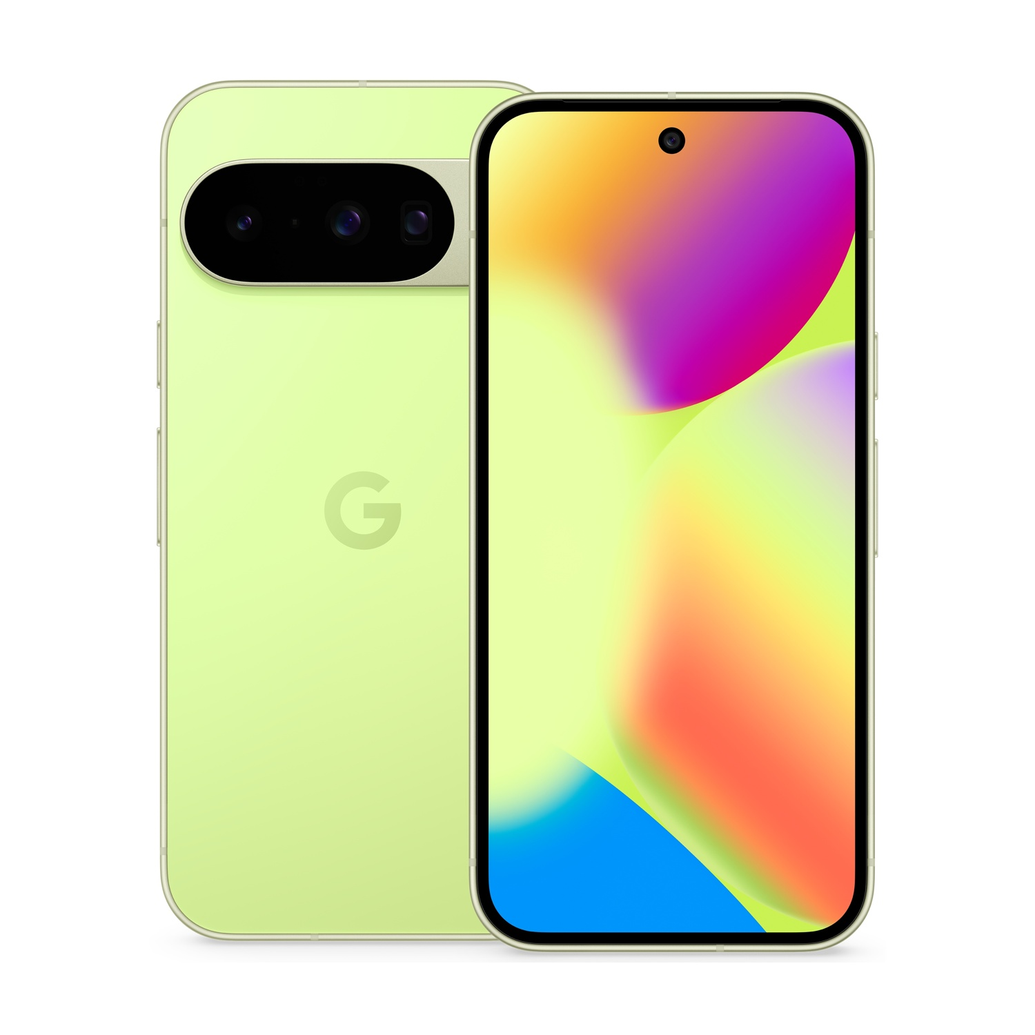 Jasnozielony telefon Google wyświetla kolorowy gradient. Z tyłu widać aparat i logo Google 'G'.