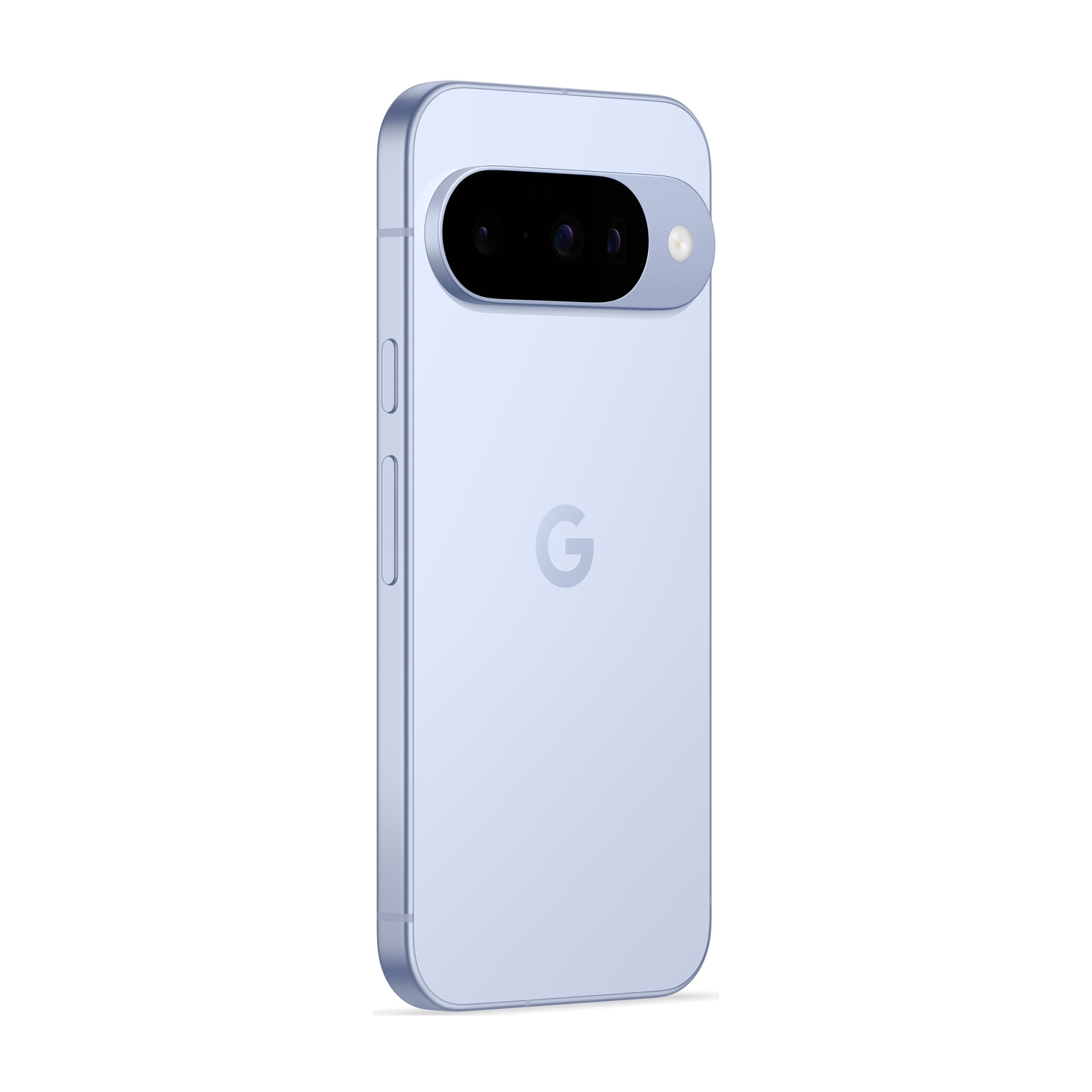 Jasnoniebieski telefon Google Pixel 7 z listwą na aparat i logo 'G'. Na białym tle.