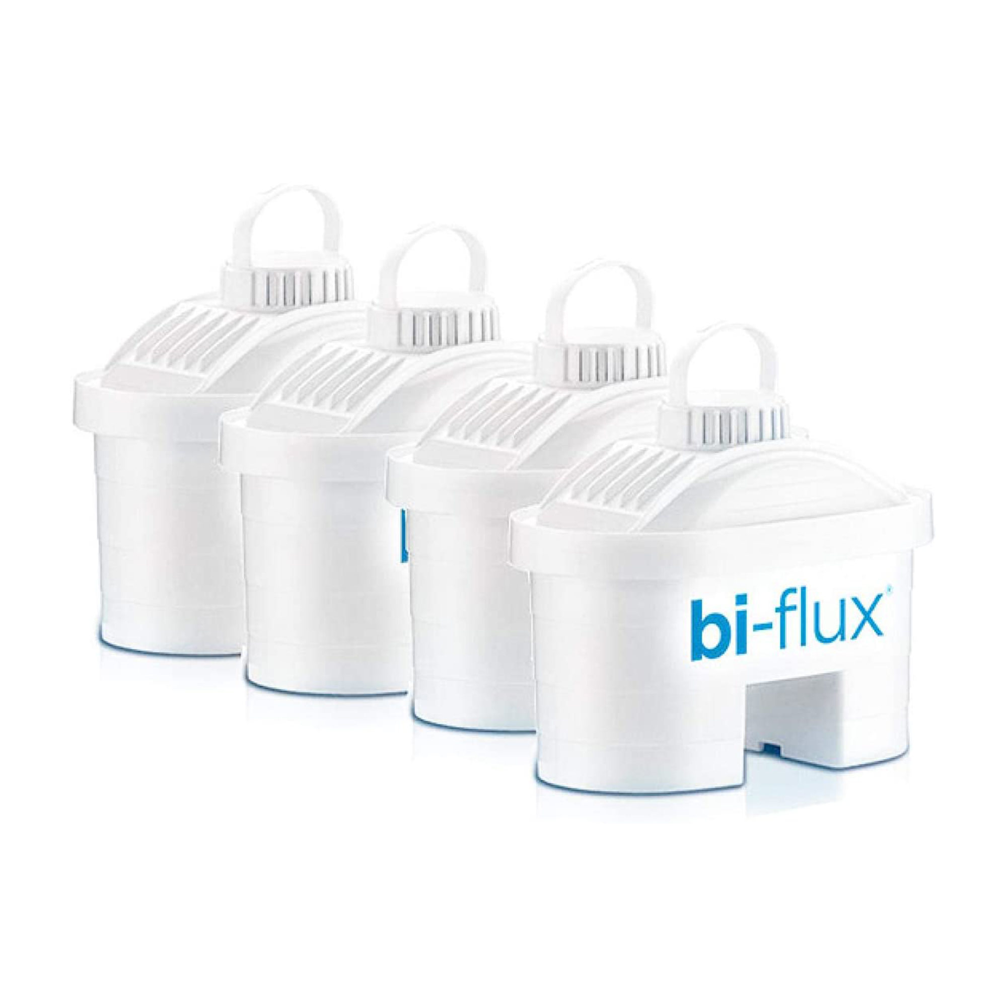 Cuatro cartuchos de filtro de agua blancos con asas. Uno tiene el logo bi-flux en azul. Todos sobre fondo blanco.