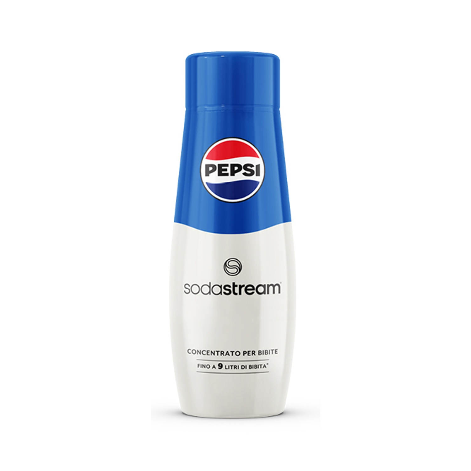 Eine Pepsi-Marke Sodastream-Konzentratflasche. Blauer Deckel und Streifen, weißer Körper. Pepsi-Logo und Sodastream-Marke sichtbar.