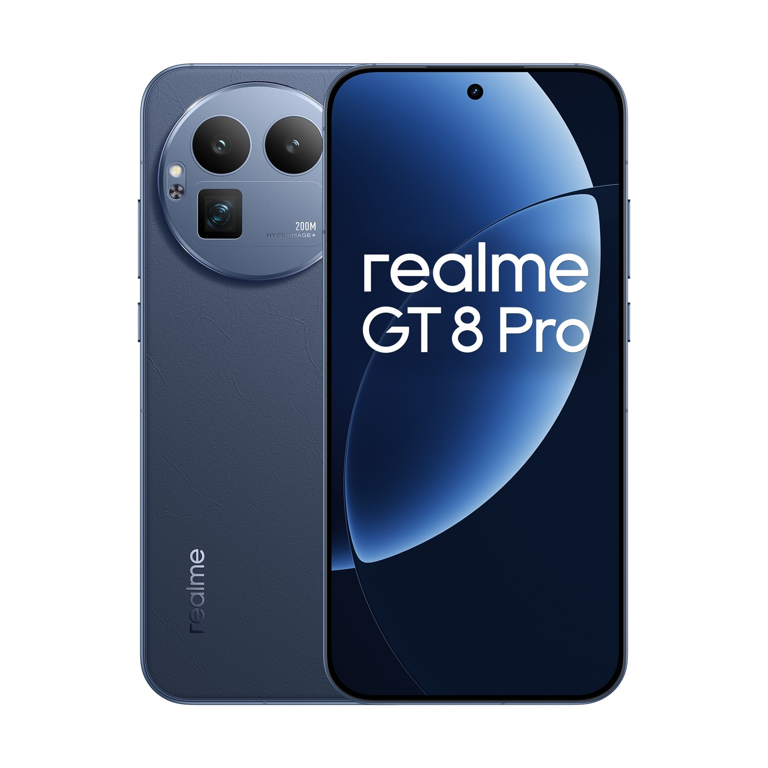 Ciemnoniebieski telefon Realme GT 8 Pro. Telefon znajduje się na białym tle. Telefon ma trzy aparaty i nazwę marki.