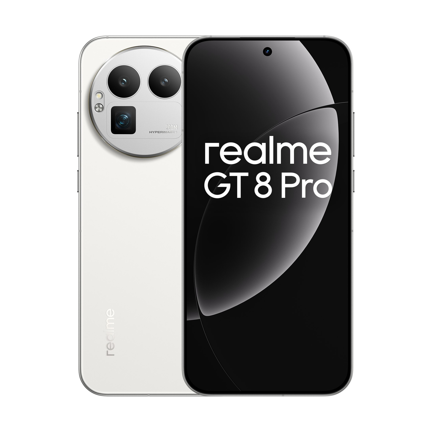 Biały smartfon Realme GT 8 Pro. Z tyłu moduł kamery z trzema obiektywami. Ekran wyświetla 'realme GT 8 Pro'.