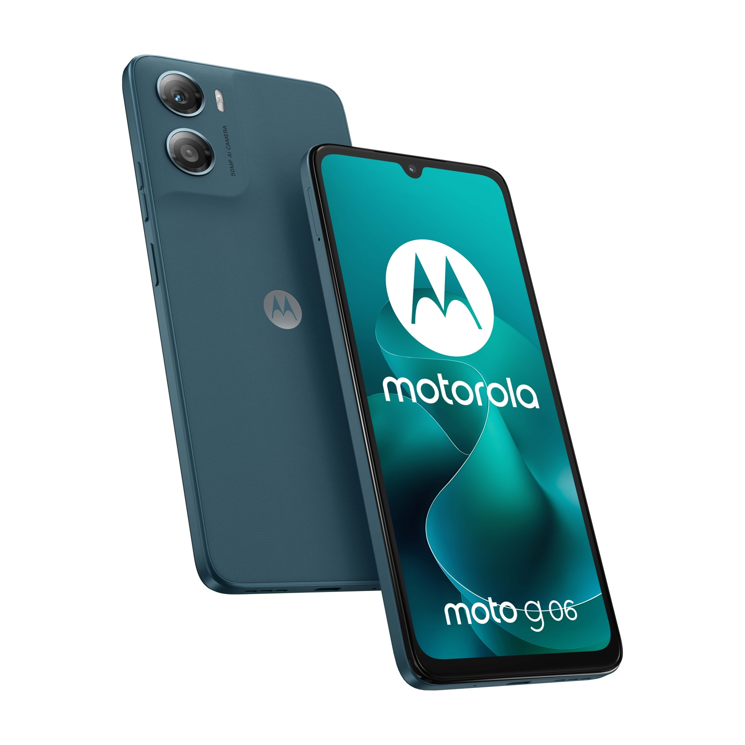 Dwa turkusowe telefony Motorola. Jeden wyświetla logo Motorola i 'moto g06'. Drugi ukazuje aparat. Oba mają logo Motorola.