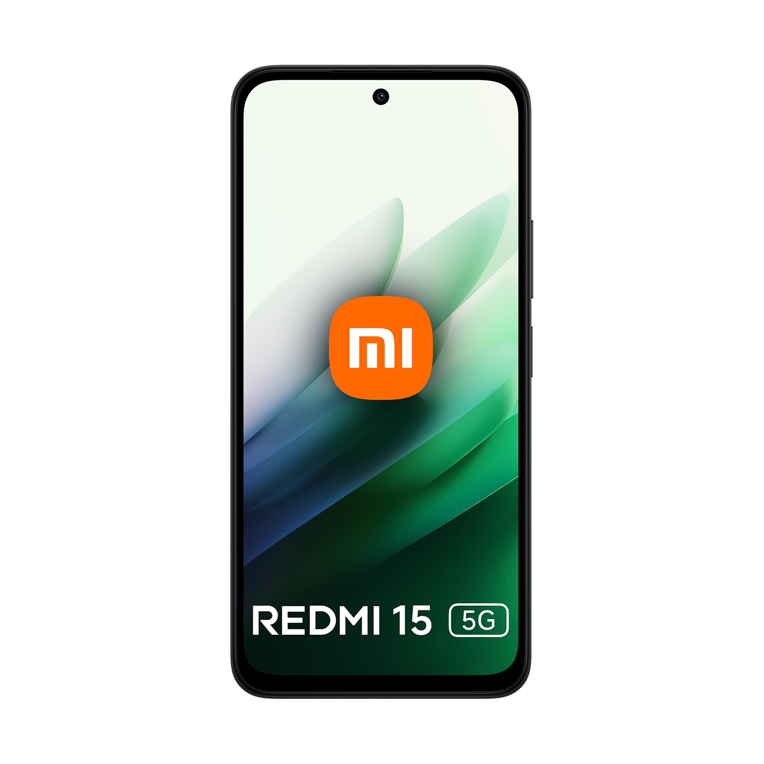 Uno smartphone Redmi 15 5G su sfondo bianco. Il telefono mostra un logo arancione e un design astratto verde e bianco.