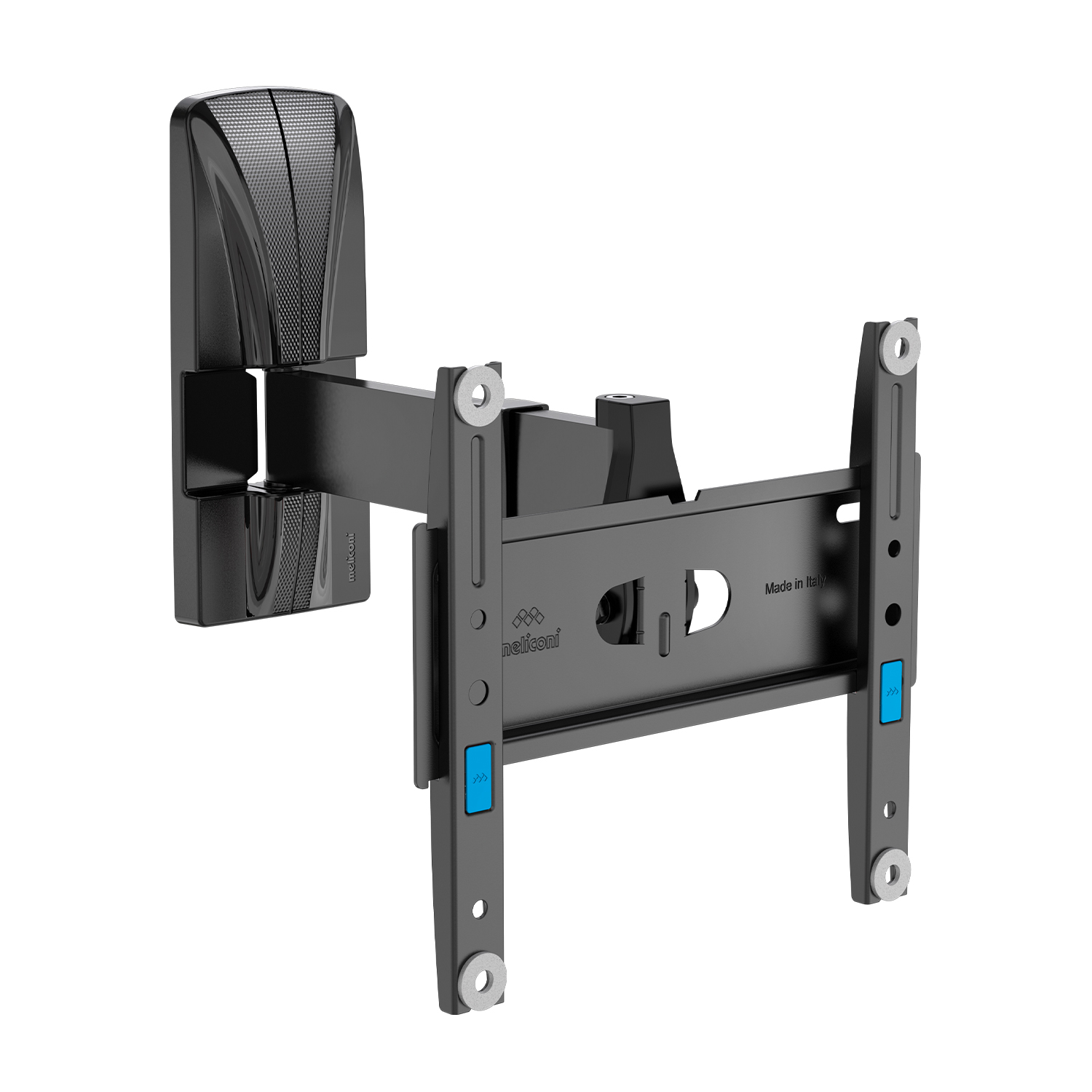 Un supporto a parete per TV nero, con staffa e braccio orientabile. Made in Italy è stampato sulla staffa. Pulsanti blu sono visibili.