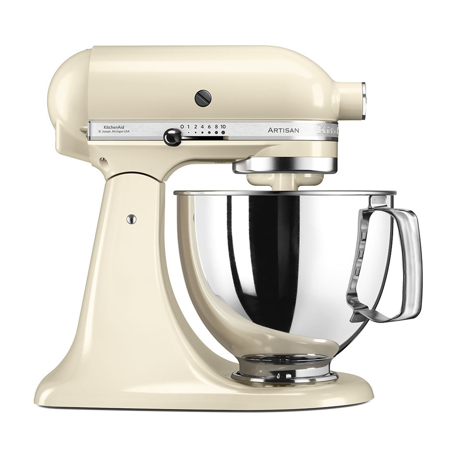 Kremowy mikser KitchenAid Artisan. Ma misę ze stali nierdzewnej, kontrolę prędkości i widoczną nazwę marki.
