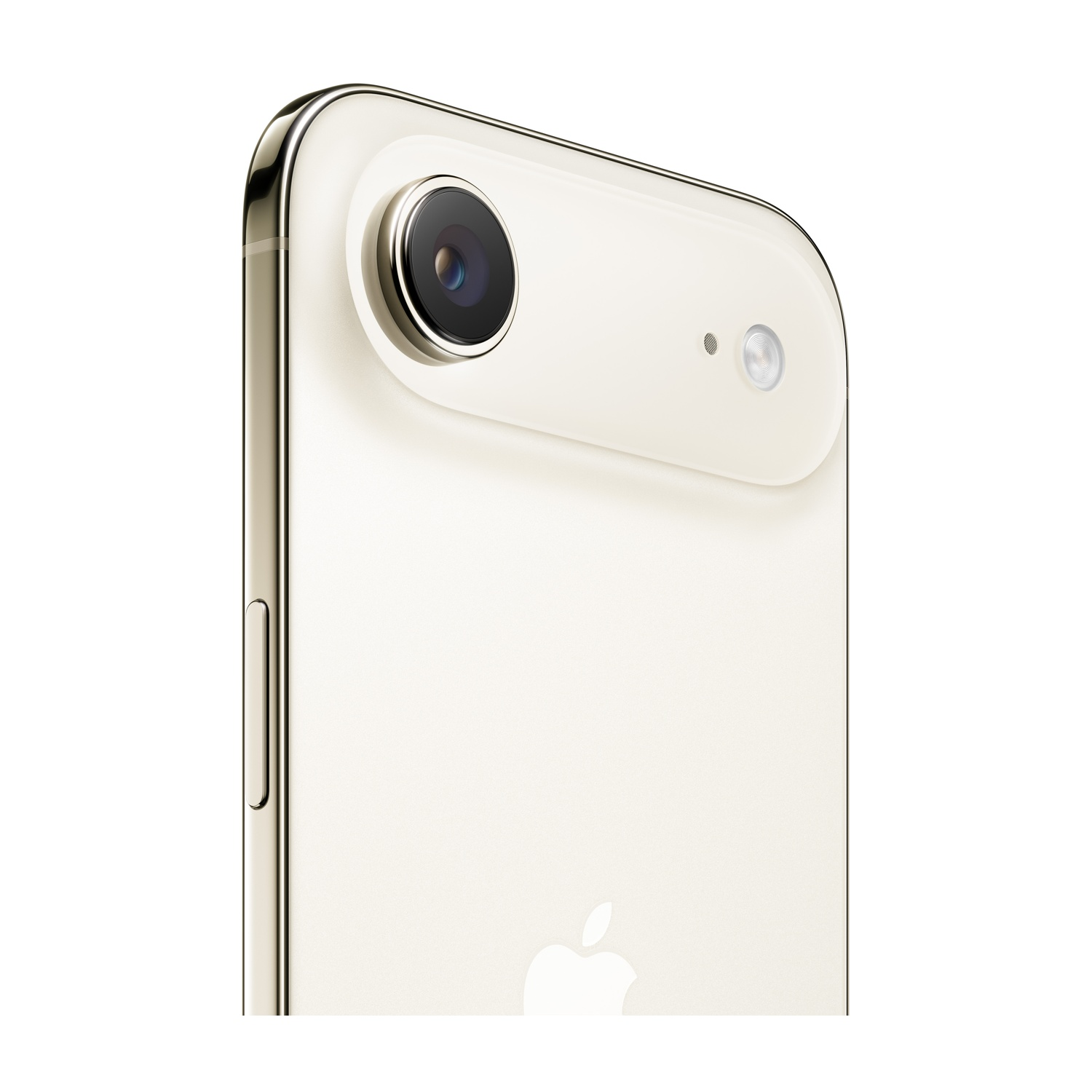Zbliżenie tyłu kremowego smartfona. Zawiera aparat, lampę błyskową i logo Apple. Rama jest metaliczna, a tło białe.