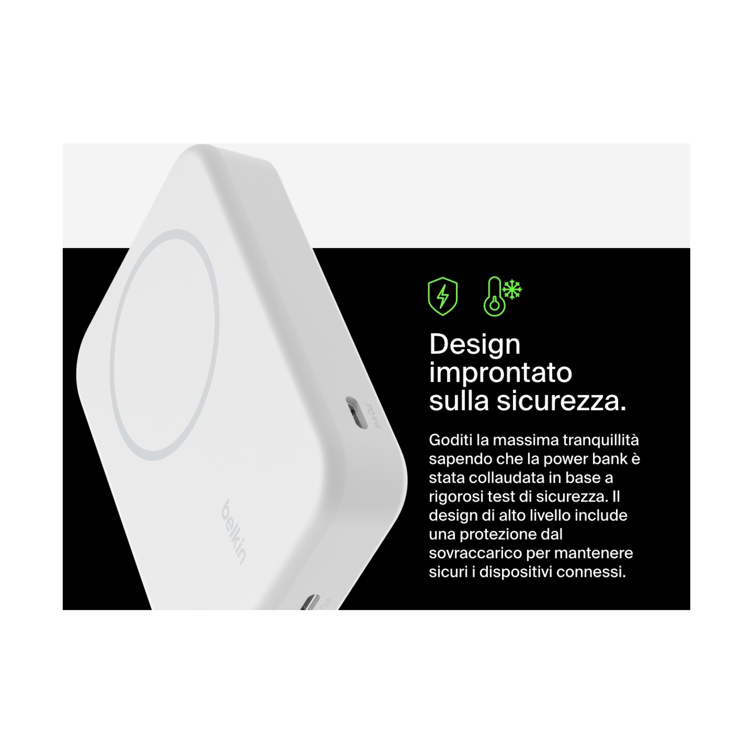 Un chargeur sans fil Belkin blanc. Il porte le logo Belkin et du texte sur la sécurité et le design. Le chargeur est sur fond noir.