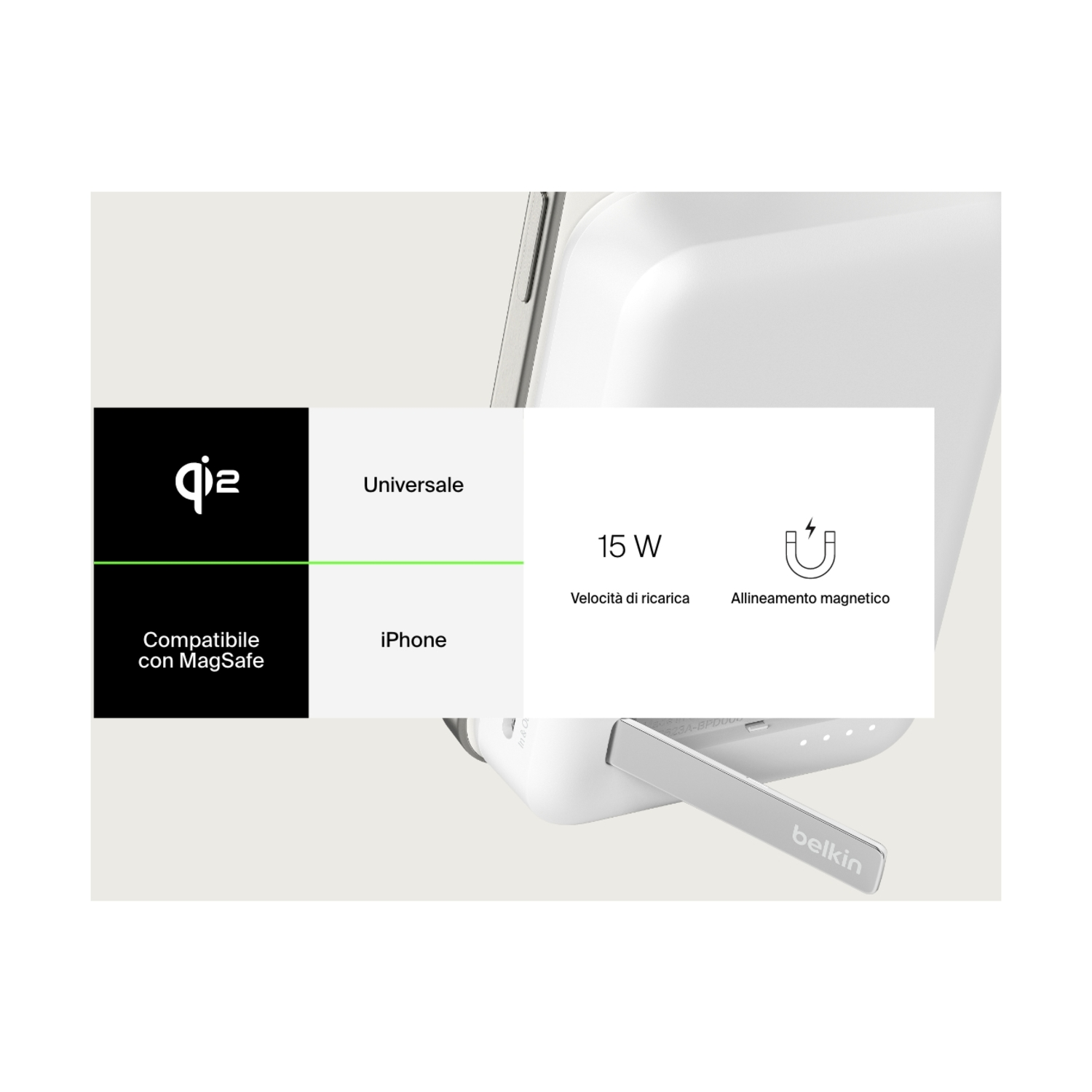 Un chargeur Belkin blanc avec compatibilité 'Qi2' et 'MagSafe'. Il offre une charge de 15W, un alignement magnétique et est pour iPhone et usage universel.