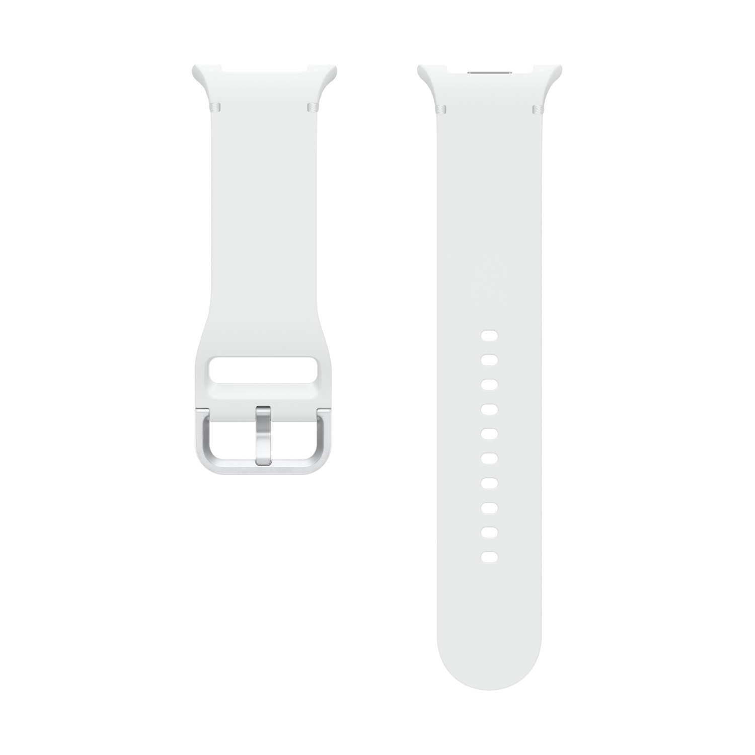 Dos correas de reloj blancas sobre fondo blanco. Una tiene hebilla, la otra agujeros.