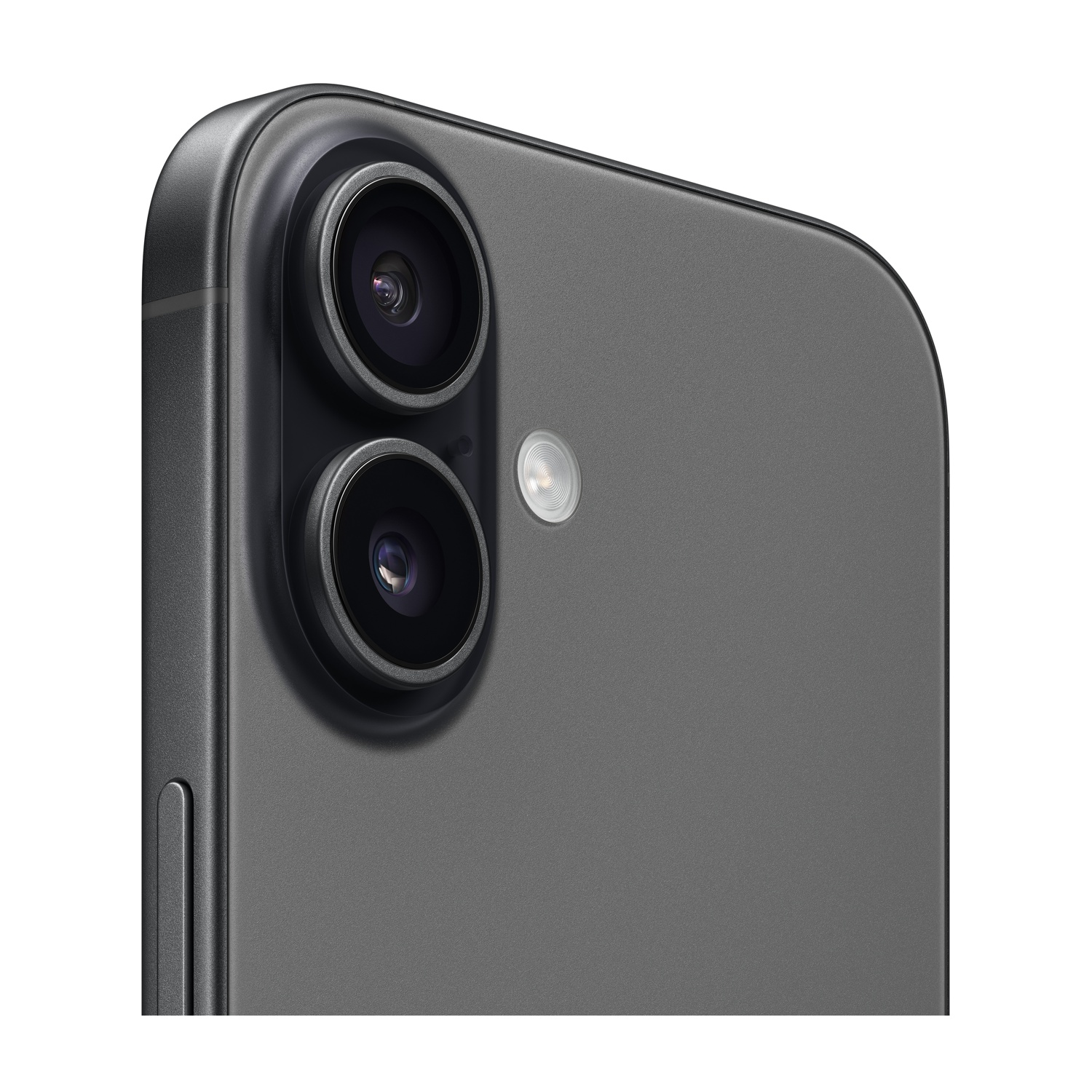 Zbliżenie na tył smartfona. Widoczne są dwa czarne obiektywy aparatu i lampa błyskowa. Telefon jest ciemnoszary.