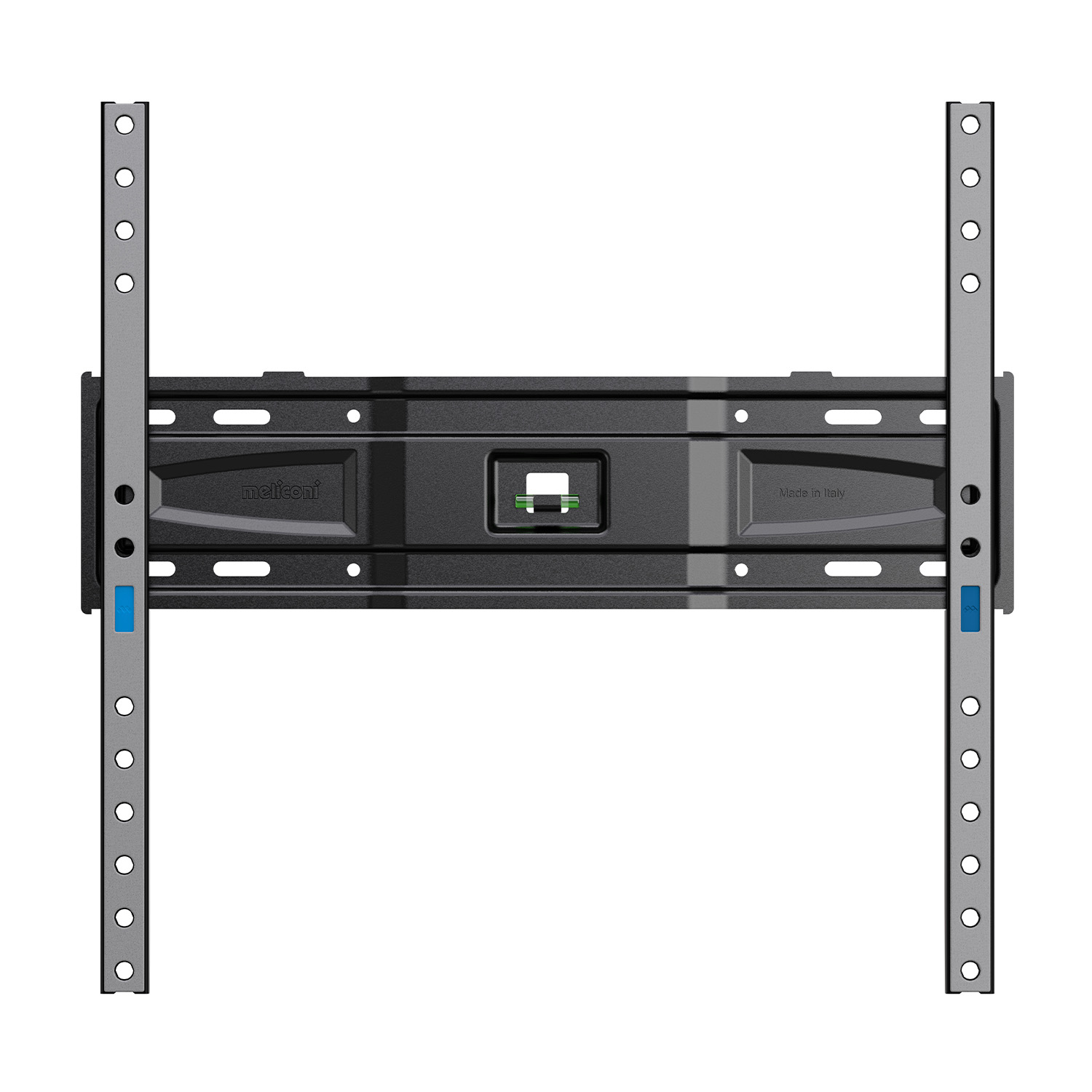Un soporte de pared para TV negro y gris. Tiene barras verticales con agujeros, una barra horizontal central con un nivel.