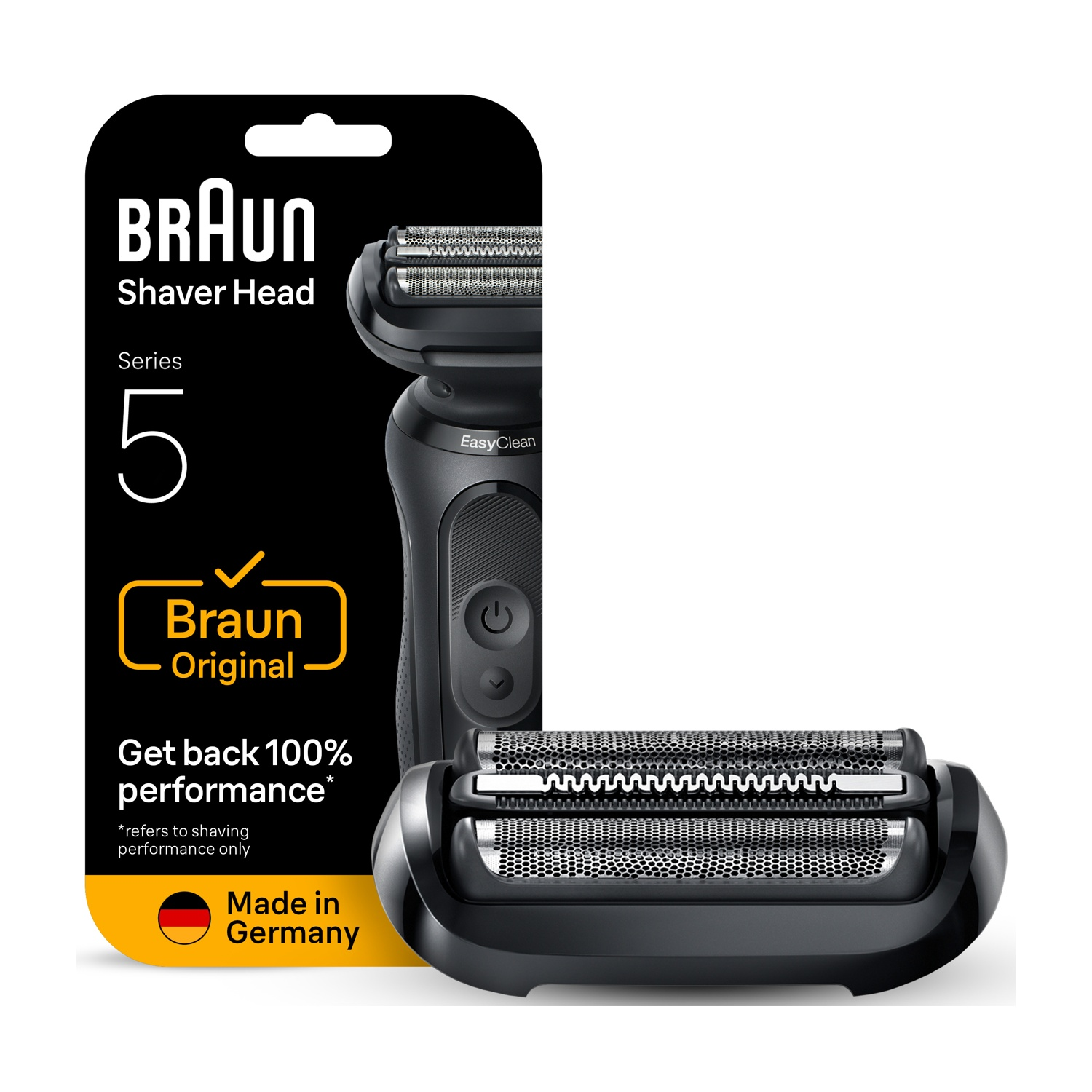 Zdjęcie głowicy golarki Braun Series 5. Opakowanie przedstawia produkt i tekst 'Braun Original'. Wyprodukowano w Niemczech.