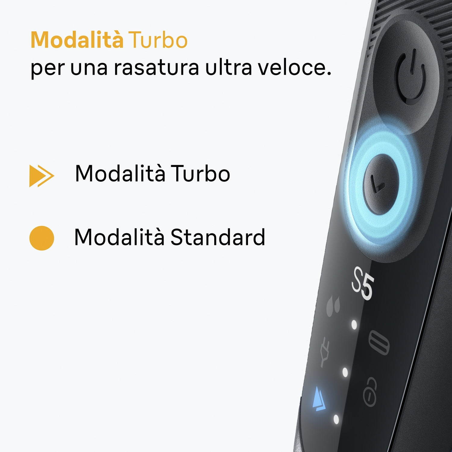 Gros plan sur un rasoir électrique noir avec des anneaux bleus lumineux. Le texte indique 'Mode Turbo' pour un rasage ultra-rapide.