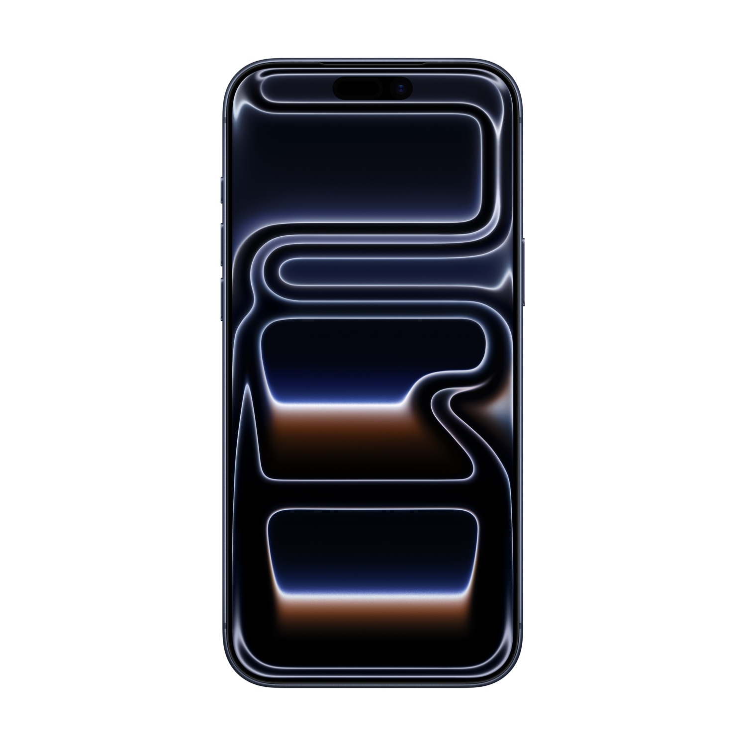 Smartfon z ciemnym ekranem na białym tle. Ekran ma neonowe kontury w kolorze niebieskim i brązowym.