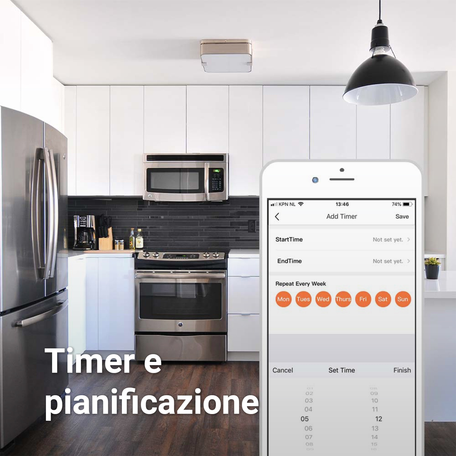 A kitchen with stainless steel appliances. A phone displays timer settings. Text reads 'Timer e pianificazione'.