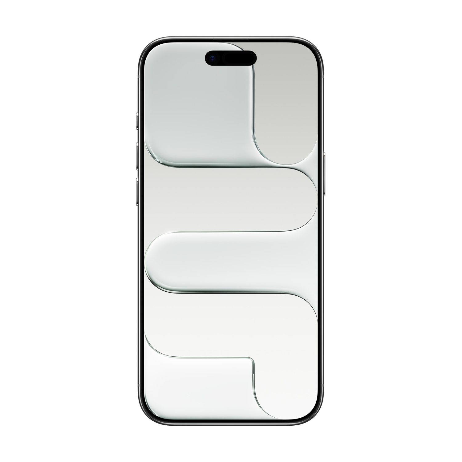 Smartfon z czarną ramką i białym ekranem. Ekran ma abstrakcyjny wzór z zaokrąglonymi kształtami. Tło jest białe.