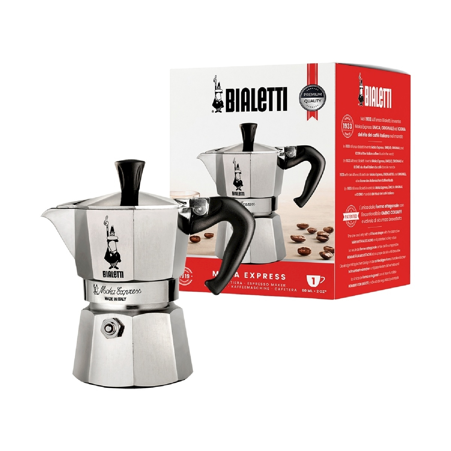 Eine Bialetti Moka Express Kaffeemaschine mit Schachtel, Bohnen und einer Zeichnung der Kaffeemaschine.