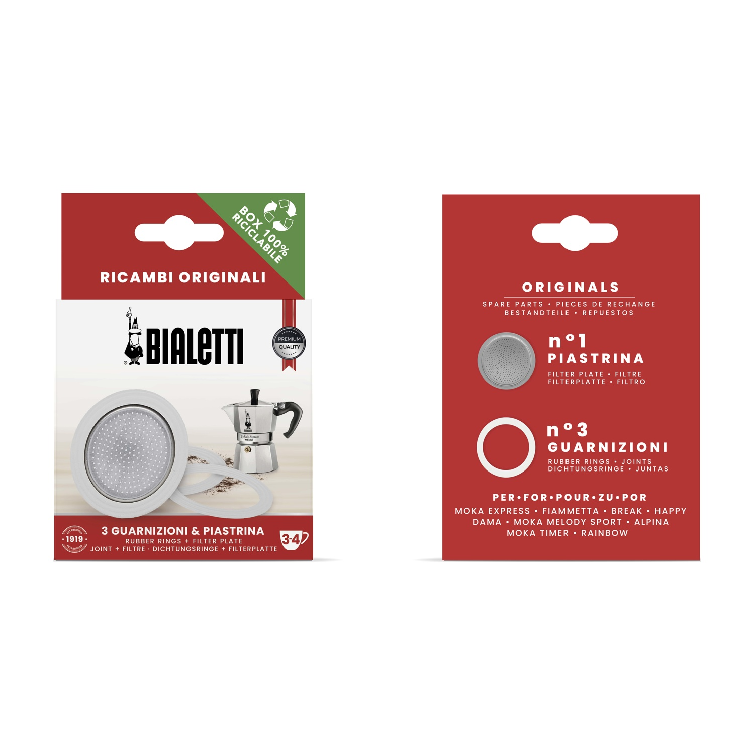 Das Bild zeigt Bialetti-Ersatzteilverpackungen. Es enthält Filterplatten, Gummiringe und einen Moka-Kocher auf weißem Grund.